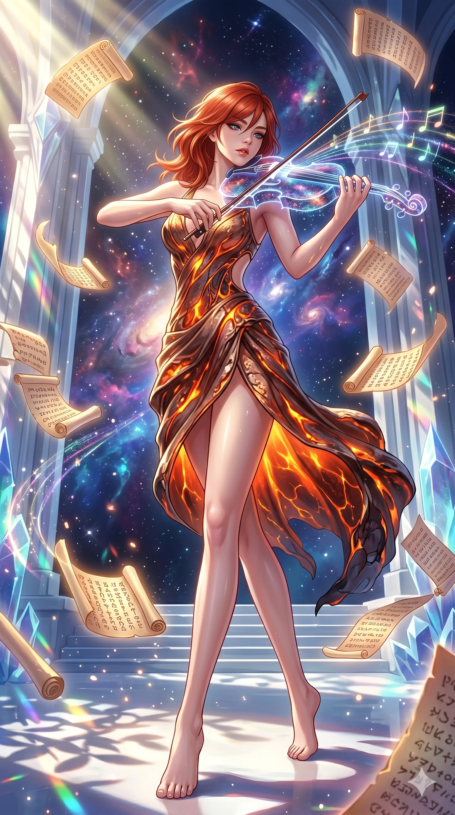 score_9, masterpiece, best quality, ultra-detailed, Set A: High-budget Anime Keyframe, Japanese woman. Low angle cowboy shot filling the entire 9:16 frame with her statuesque presence. Theme: Abstract Cosmic. playing a holographic violin in a temple made of solid light, surrounded by a whirlwind of 43 floating ancient scrolls. The atmosphere is filled with cinematic sunlight through leaves. She has an absolutely perfect 8-heads proportion, an exceptionally tall and slender female figure with impossibly long slender legs and an ultra-slim waist. Sharp v-shaped jawline, high-bridge nose, intricate jewel-like eyes with depth, glossy lips. Wearing Lava-textured metallic dress that glows with an internal fire, featuring an open back. Cinematic lighting, vivid colors, dramatic shadows, 2k, ultra detail, master piece, 9:16 ratio