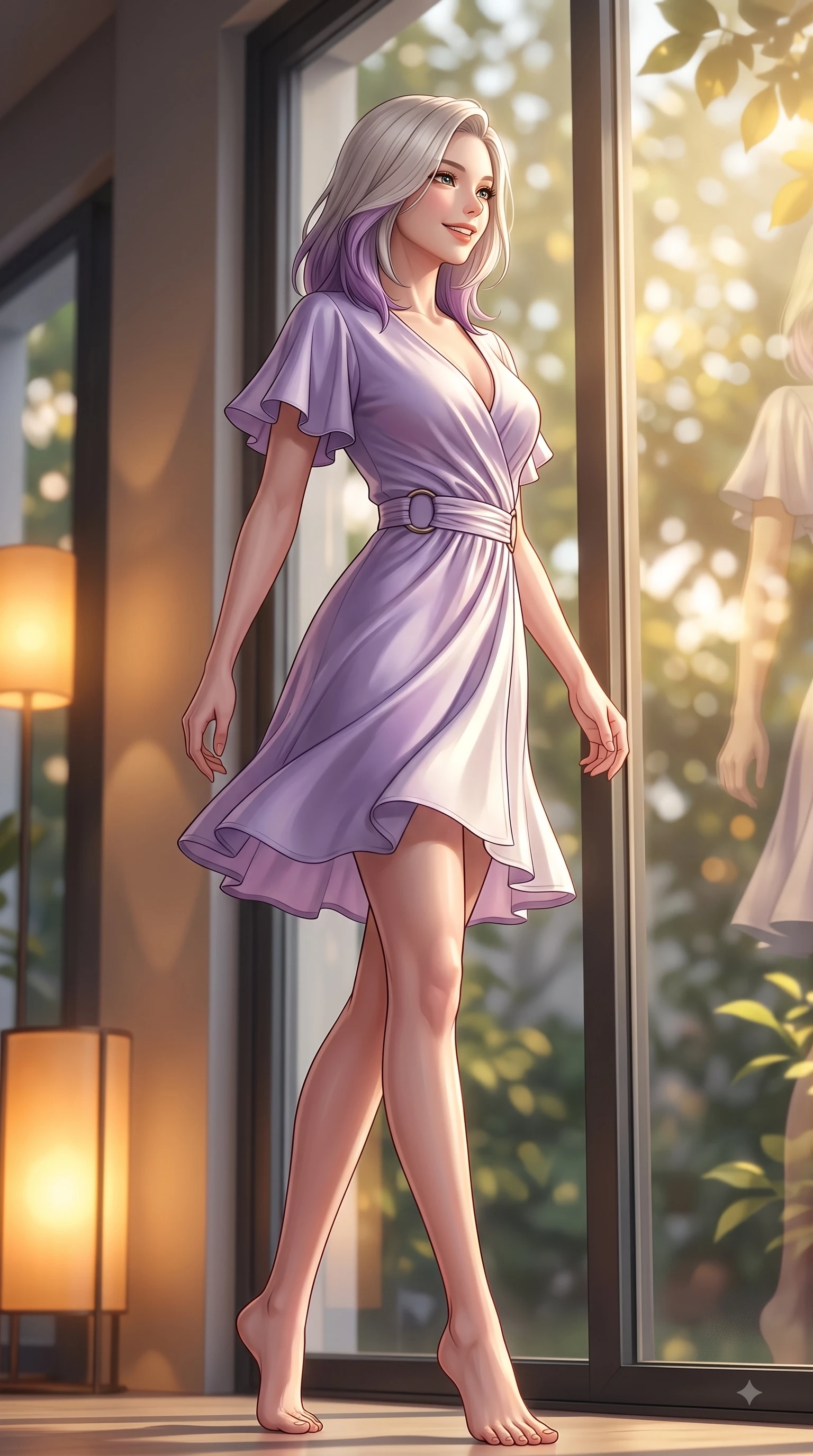 score_9, masterpiece, best quality, ultra-detailed, high-budget anime keyframe, editorial fashion photography, tasteful artistic composition, Caucasian woman. low angle full-body shot from head to toe showing her feet, filling the entire 9:16 vertical frame with her statuesque presence, stretching her vertical silhouette. pivoting dynamically with a fresh infectious smile, her ultra-slim waist creating a sweeping fluid curve while looking out a large glass window with a tender cute smile as golden light streams in. The composition keeps background elements in soft focus with dreamy bokeh. garden leaves outside glass windows softened by gentle warm depth of field. She has an absolutely perfect, statuesque 8.5-heads proportion, an exceptionally tall and slender model-like female figure with impossibly long slender legs and an ultra-slim waist. sharp v-shaped jawline, high-bridge nose, intricate jewel-like eyes with depth, thick eyelashes, glossy lips with a natural sheen, flawlessly proportioned anatomical accuracy, natural body alignment, perfectly sculpted elegant limbs, clean dynamic posture without body distortion. wearing an elegant V-neck silk wrap dress with fluttery short sleeves and a cinched waist in soft lavender violet and pearl white, made of premium stretch jersey that follows her curves like a glove, accented with subtle metallic ring hardware framing her waist, the glove-like fit emphasizing her statuesque silhouette during motion. illuminated by soft glowing amber indoor lamps and natural garden reflections. highly saturated vibrant anime colors, detailed shading with soft gradients, rich glossy textures, high-contrast stereoscopic depth, volumetric dynamic lighting, master piece, 9:16 ratio