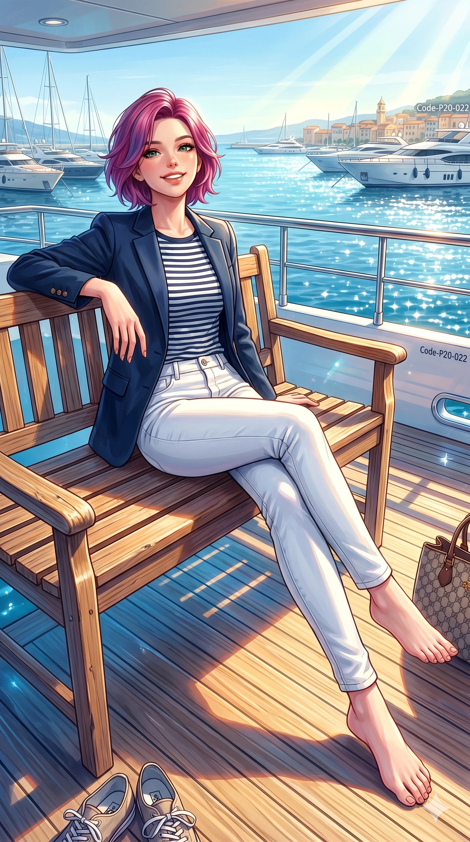 score_9, masterpiece, best quality, ultra-detailed, high-budget anime keyframe, vibrant anime aesthetic, Caucasian woman, strictly human ears. low angle full-body shot from head to toe showing her feet, filling the entire 9:16 vertical frame with her statuesque presence, stretching her vertical silhouette. She is sitting on a wooden bench, smiling cheerfully while enjoying the spring sun on a private sun-drenched yacht deck overlooking a sparkling clean harbor (Code-P20-022). She has an absolutely perfect 8-heads proportion, an exceptionally tall and slender female figure with impossibly long slender legs and an ultra-slim waist. V-shaped jawline, high-bridge nose, intricate jewel-like eyes with depth, thick eyelashes, glossy lips with a natural sheen. wearing a navy blazer over a striped cotton shirt and white pants. She is bathed in a beautiful contrast of warm yellow sunbeams and cool sky reflections. 2k, ultra detail, master piece, 9:16 ratio