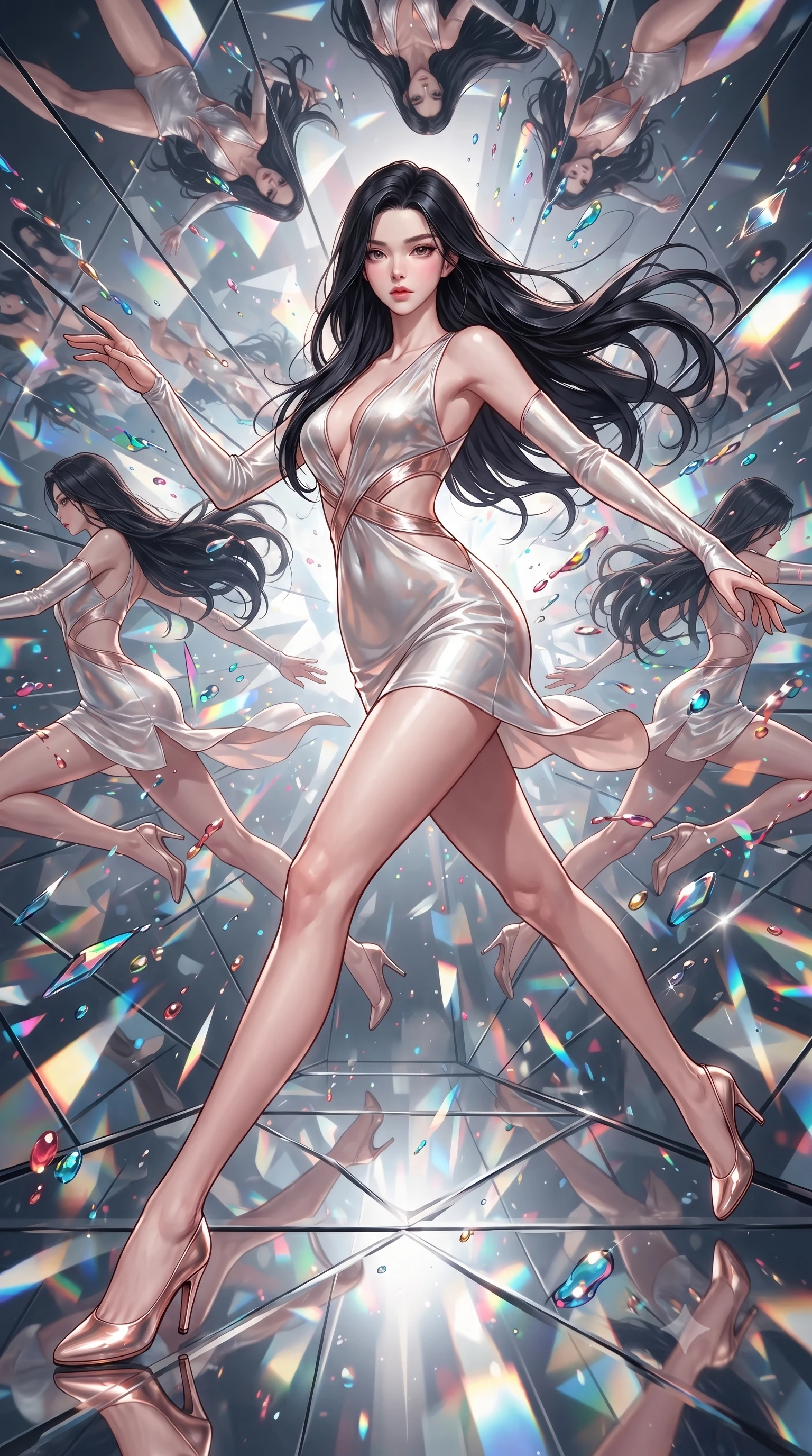 score_9, masterpiece, best quality, ultra-detailed, high-budget anime keyframe, editorial fashion photography, tasteful artistic composition, Korean woman. low angle full-body shot from head to toe showing her feet, filling the entire 9:16 vertical frame with her statuesque presence, stretching her vertical silhouette. forging dynamically through the scene with her long slender legs and ultra-slim waist creating a sweeping S-curve while leaping through a kaleidoscope mirror corridor as her reflection multiplies endlessly, vibrant paint droplets frozen in time casting specular highlights. She has an absolutely perfect, statuesque 8.5-heads proportion, an exceptionally tall and slender model-like female figure with impossibly long slender legs and an ultra-slim waist. sharp v-shaped jawline, high-bridge nose, intricate jewel-like eyes with depth, thick eyelashes, glossy lips with a natural sheen, flawlessly proportioned anatomical accuracy, natural body alignment, perfectly sculpted elegant limbs, clean dynamic posture without body distortion. wearing a liquid mercury gloss mini dress with ultra-deep V-neck and waist cutouts in pearl white and rose gold, woven from fine semi-opaque sheer organza, accented with a Tasteful chest slit framing her clavicle gracefully, the glove-like fit emphasizing her statuesque silhouette during motion. surrounded by a radiant, high-energy reflection aura. ultra-reflective glossy finish, specular highlights, metallic sheen, high-contrast stereoscopic depth, volumetric dynamic lighting, 2k, ultra detail, master piece, 9:16 ratio
