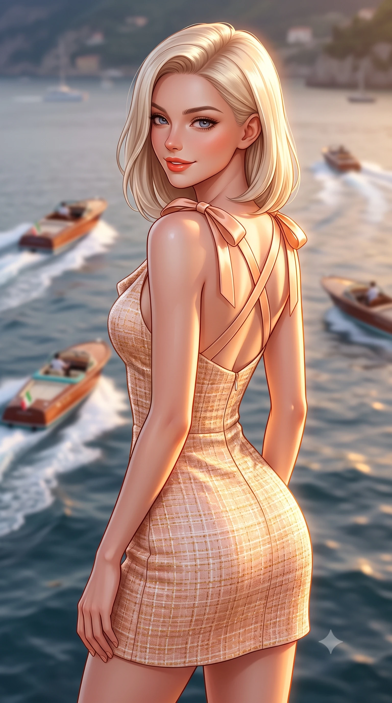 score_9, masterpiece, best quality, ultra-detailed, high-budget anime keyframe, semi-realistic 3D game render, editorial fashion photography, tasteful artistic composition, Caucasian woman. close-up cowboy shot from the waist and thighs up, the character dominates the composition, filling the frame with her large presence. posing in an alluring rear three-quarter angle, turning over a bare shoulder with an intoxicating sunlit gaze, her hips cocked back to highlight her slim hourglass curve while twisting her slender torso in an alluring contrapposto stance, her bodycon knit resort dress tracing her narrow waist and curvy hips. The composition keeps background elements in soft focus with dreamy creamy bokeh. luxury wooden speedboats leaving white wakes across the evening bay softened in iconic Amalfi shallow focus. She has an exceptionally elegant, slender, and willowy female figure with an ultra-slim waist, flat toned midriff, narrow ribcage, and sculpted feminine hips creating an alluring, slim hourglass silhouette without bulk. sharp v-shaped jawline, high-bridge nose, sparkling amber-hazel eyes with depth, long lush eyelashes, glossy sun-kissed lips with a warm coral glaze, radiant teasing smile with sensual sunlit bedroom-eyes, exuding effortless old-money elegance and intoxicating sun-drenched allure, flawlessly proportioned anatomical accuracy, strict slender model proportions, natural body alignment, perfectly sculpted long slender limbs, ultra-slim waistline, clean dynamic posture without body distortion. wearing a breezy cowl-neck peach silk satin sundress with criss-cross back straps and hip-accentuating silhouette in warm honey bronze and pearlescent ivory, tailored from soft pastel resort tweed with subtle gold thread shimmer, finished with cute satin bow ribbons tying at the shoulders, the form-contouring cut accentuating her sculpted flat midriff, narrow delicate ribcage, and gracefully curvy hips with sun-drenched supermodel elegance. illuminated by sea-surface golden bounce and sharp amber rim lighting sculpting her sculpted collarbones, ultra-slim waist, and curvy hips. highly saturated vibrant anime colors, detailed shading with soft gradients, rich glossy textures, high-contrast stereoscopic depth, volumetric dynamic lighting, master piece, 9:16 ratio