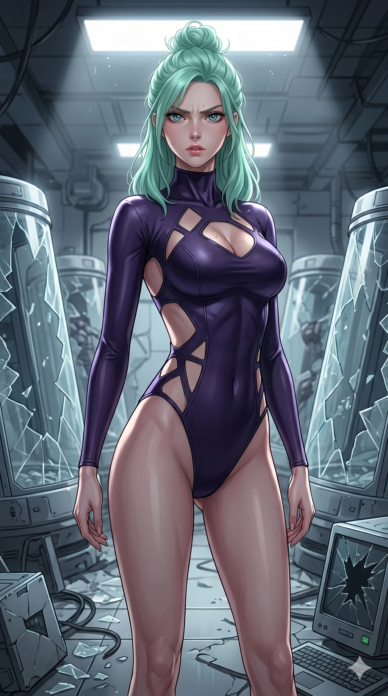 score_9, masterpiece, best quality, ultra-detailed, high-budget anime keyframe, editorial fashion photography, tasteful artistic composition, Japanese woman. cowboy shot from the thighs up, character and outfit filling the frame for maximum editorial presence. breathing heavily with her chest tensed, her eyes locked onto the viewer with pure fury inside a research lab surrounded by shattered glass containment pods (Scenario Code A-14). She has an absolutely perfect 8-heads proportion, an exceptionally tall and slender female figure with impossibly long slender legs and an ultra-slim waist. V-shaped jawline, high-bridge nose, intricate jewel-like eyes with depth, thick eyelashes, glossy lips with a natural sheen. wearing a skin-tight dark violet bodysuit featuring geometric keyhole cutouts and open-back. drenched in a harsh overhead white work light that accentuates her tensed muscles. 2k, ultra detail, master piece, 9:16 ratio