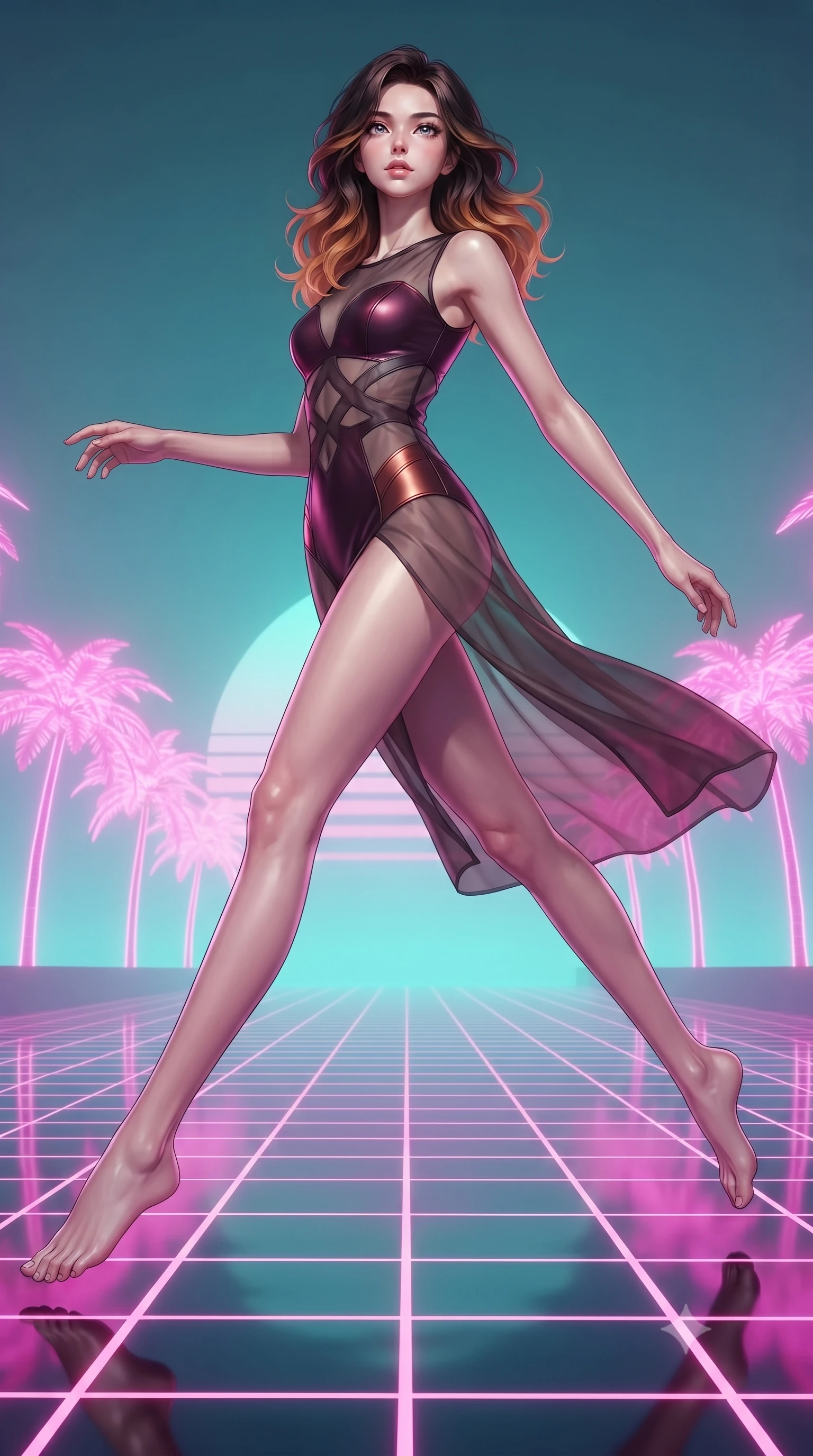 score_9, masterpiece, best quality, ultra-detailed, high-budget anime keyframe, editorial fashion photography, tasteful artistic composition, Korean woman. low angle full-body shot from head to toe showing her feet, filling the entire 9:16 vertical frame with her statuesque presence, stretching her vertical silhouette. leaping gracefully through mid-air with statuesque elegance, her impossibly long slender legs stretched in perfect balance while leaping across a synthwave grid floor surrounded by lo-fi pink neon palm trees, pastel pink and turquoise gradients creating a nostalgic 80s aesthetic. She has an absolutely perfect, statuesque 8.5-heads proportion, an exceptionally tall and slender model-like female figure with impossibly long slender legs and an ultra-slim waist. sharp v-shaped jawline, high-bridge nose, intricate jewel-like eyes with depth, thick eyelashes, glossy lips with a natural sheen, flawlessly proportioned anatomical accuracy, natural body alignment, perfectly sculpted elegant limbs, clean dynamic posture without body distortion. wearing a semi-opaque sheer overlay dress over a leather micro-bodysuit in deep burgundy and bronze, crafted from smooth liquid silk, featuring subtle geometric cutouts that highlight her ultra-slim midriff, the elegant draped fit framing her graceful clavicle and slender torso. illuminated by retro lo-fi backlighting and brilliant liquid speculars. ultra-reflective glossy finish, specular highlights, metallic sheen, high-contrast stereoscopic depth, volumetric dynamic lighting, 2k, ultra detail, master piece, 9:16 ratio