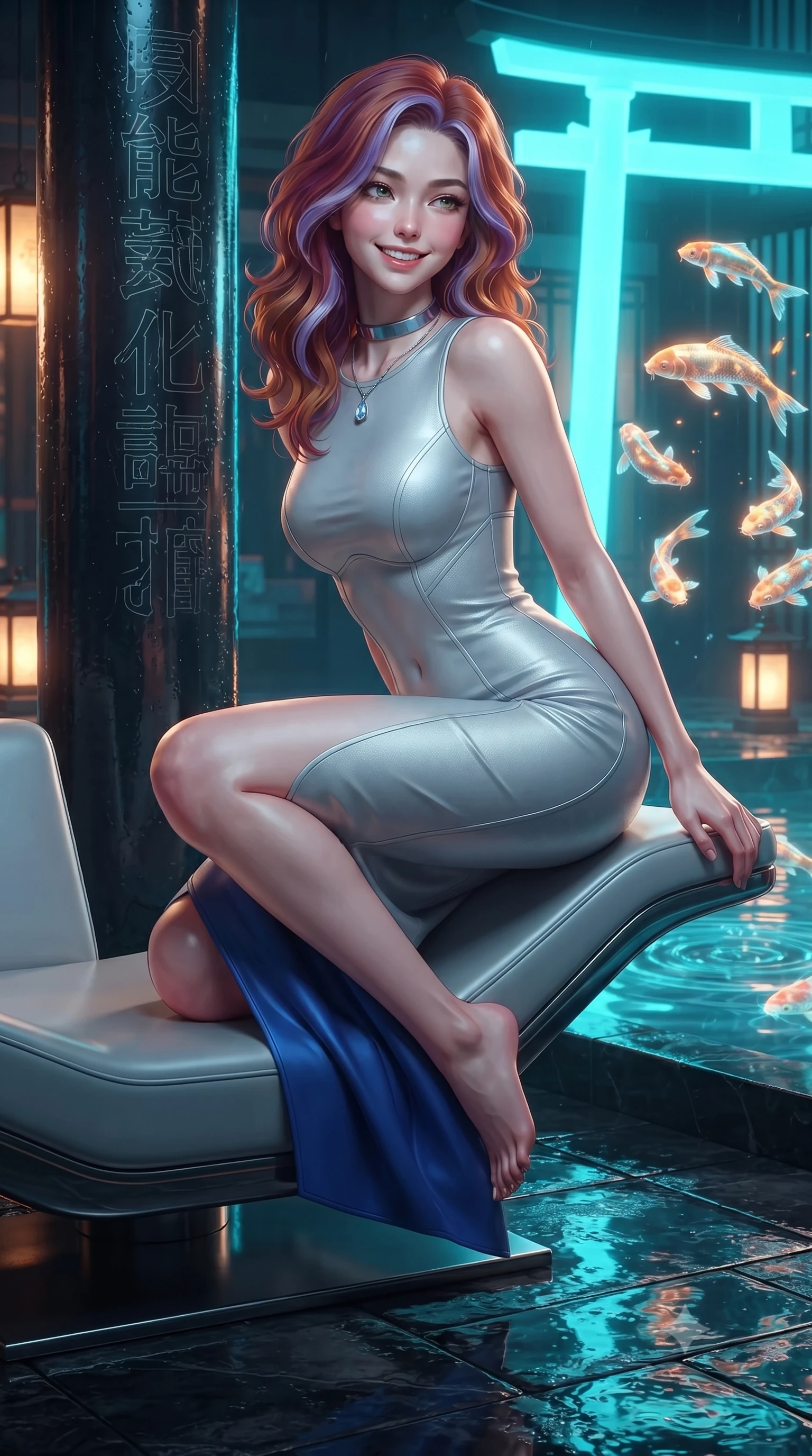 score_9, masterpiece, best quality, ultra-detailed, high-budget anime keyframe, editorial fashion photography, tasteful artistic composition, Caucasian woman. close-up cowboy shot from the waist and thighs up, the character dominates the composition, filling the frame with her large presence. perched sideways on the lounge seat, one knee drawn up to showcase her slender leg line while her arched back accentuates her feminine hip curve while leaning against the wet lacquer shrine pillar with hips cocked back, gazing at swimming holographic gold koi fish with smoldering bedroom-eyes. The surrounding environment is rendered in vivid detail and crisp panoramic clarity: sharp wet obsidian stone reflections, etched cybernetic circuit calligraphy, and rippling water ring caustics in deep focus. She has an exceptionally elegant, slender, and willowy female figure with an ultra-slim waist, flat toned midriff, narrow ribcage, and sculpted feminine hips creating an alluring, slim hourglass silhouette without bulk. sharp v-shaped jawline, high-bridge nose, intricate jewel-like sparkling eyes with depth, thick eyelashes, glossy parted lips with a natural peach sheen, bright cheerful beaming smile with an enchanting and coquettish sensual glint, exuding both youthful cute charm and seductive allure, flawlessly proportioned anatomical accuracy, strict slender model proportions, natural body alignment, perfectly sculpted long slender limbs, ultra-slim waistline, clean dynamic posture without body distortion. wearing a sculpted second-skin neoprene column gown with subtle architectural seam lines accentuating her curves in Shackleton lunar ice silver and Earthrise cobalt, tailored from high-density tech-wool with subtle metallic thread weave, finished with a minimalist chrome choker and a single teardrop diamond pendant, the bespoke structured tailoring following the natural line of her 8.5-heads silhouette with refined elegance. bathed in pulsing electric-cyan Torii neon combined with warm 2400K sacred oil lantern flames. ultra-reflective glossy finish, specular highlights, rich textural contrasts, high-contrast stereoscopic depth, volumetric dynamic lighting, 2k, ultra detail, master piece, 9:16 ratio