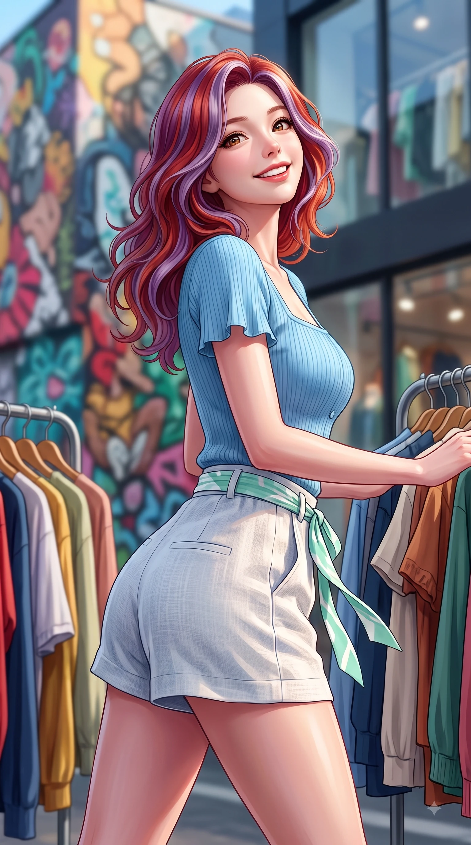 score_9, masterpiece, best quality, ultra-detailed, high-budget anime keyframe, editorial fashion photography, tasteful artistic composition, Caucasian woman. close-up cowboy shot from the waist and thighs up, the character dominates the composition, filling the frame with her large presence. Tilting her chin up with a sweet beaming smile of pure delight while balancing dynamically amidst the scene while browsing outdoor vintage clothing racks with a bright, playful expression looking back at the camera. The composition keeps background elements in soft focus with dreamy bokeh. stylish street art murals and modern shop windows softened by gentle shallow depth of field. She has an exceptionally elegant, slender, and willowy female figure with an ultra-slim waist, a gracefully sculpted slender torso, and a refined silhouette. sharp v-shaped jawline, high-bridge nose, intricate jewel-like eyes with depth, thick eyelashes, glossy lips with a natural sheen, flawlessly proportioned anatomical accuracy, natural body alignment, perfectly sculpted elegant limbs, clean dynamic posture without body distortion. wearing a sky-blue ribbed short-sleeve cardigan with high-waist linen shorts and a dainty waist sash in refreshing mint green and crisp white, crafted from soft breathable linen, featuring elegant flutter sleeves and a graceful square neckline, the breezy lightweight fabric fluttering softly against her delicate frame. surrounded by a trendy, youthful, and energetic fashion street aura. highly saturated vibrant anime colors, detailed shading with soft gradients, rich glossy textures, high-contrast stereoscopic depth, volumetric dynamic lighting, master piece, 9:16 ratio