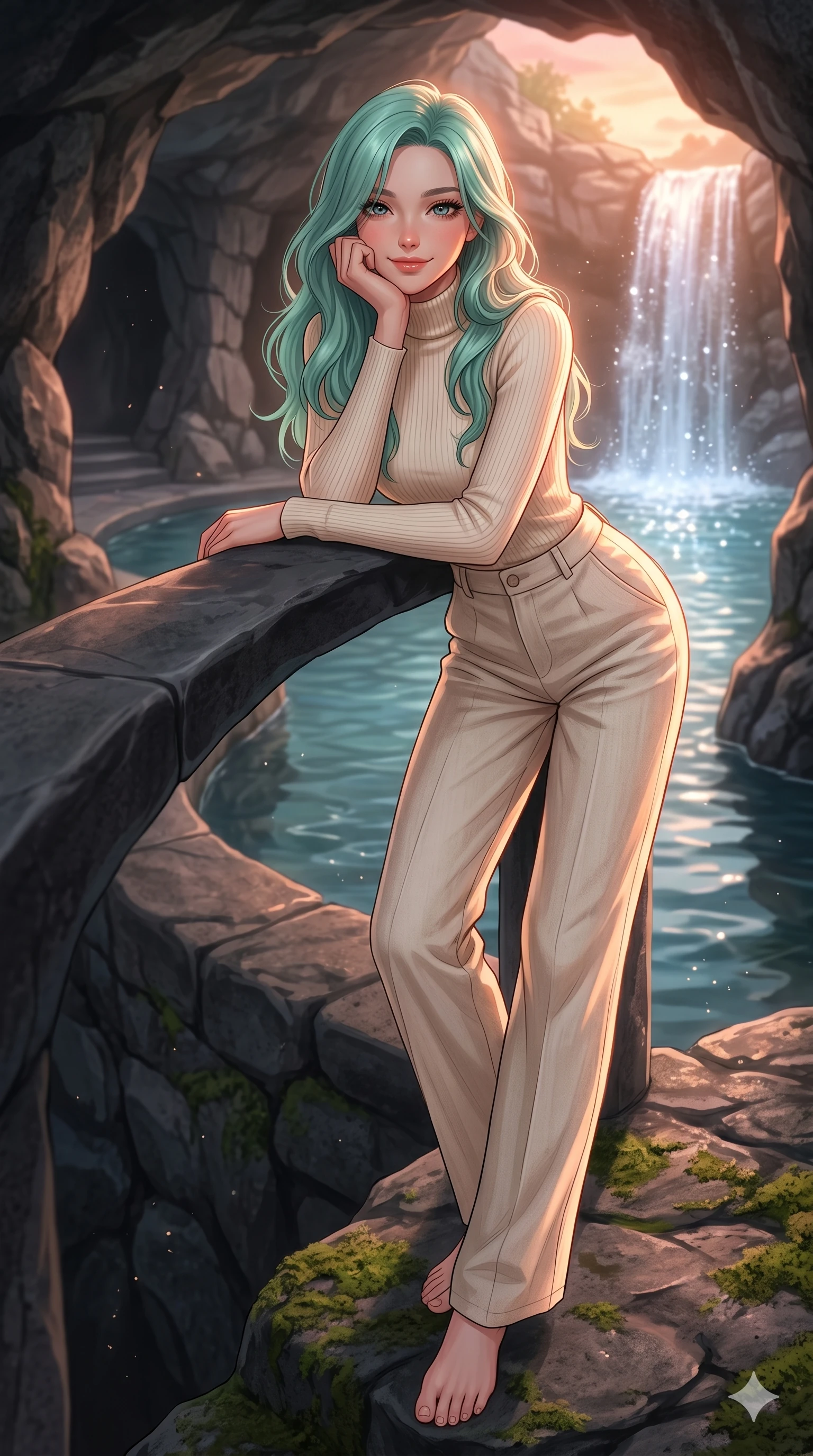 score_9, masterpiece, best quality, ultra-detailed, high-budget anime keyframe, editorial fashion photography, tasteful artistic composition, Japanese woman. low angle full-body shot from head to toe showing her feet, filling the entire 9:16 vertical frame with her statuesque presence, stretching her vertical silhouette. leaning against the resort pool railing, resting her chin on her hand with a playful, bedroom-eyes smile inside a cool stone grotto with a natural pool fed by a sparkling waterfall (Code-P19-007). She has an absolutely perfect 8-heads proportion, an exceptionally tall and slender female figure with impossibly long slender legs and an ultra-slim waist. V-shaped jawline, high-bridge nose, intricate jewel-like eyes with depth, thick eyelashes, glossy lips with a natural sheen. wearing a high-neck summer knit top with long sleeves paired with high-waist sun-bleached hemp trousers. illuminated by the soft, warm golden hour sunset light, casting a beautiful orange-pink glow on her features. 2k, ultra detail, master piece, 9:16 ratio