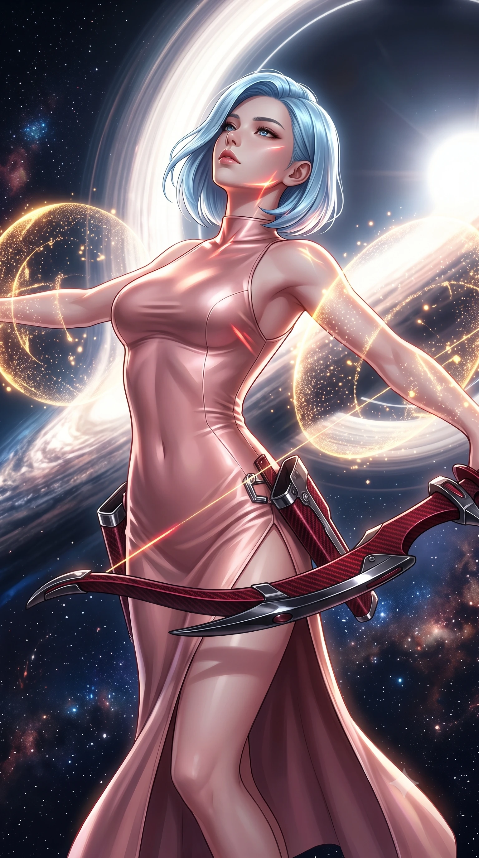 score_9, masterpiece, best quality, ultra-detailed, high-budget anime keyframe, semi-realistic 3D game render, editorial fashion photography, tasteful artistic composition, Korean woman. close-up cowboy shot from the waist and thighs up, the character dominates the composition, filling the frame with her large presence. tilting her head back with serene regal elegance, her sharp jawline and sculpted collarbones highlighted by glowing weapon energy reflections while pivoting dynamically in zero-gravity with arms outstretched as the translucent energy shields pulse with golden particle light. The surrounding environment is rendered in vivid detail and crisp panoramic clarity. transcendent chiaroscuro contrast between blinding accretion light and deep cosmic shadows in precision. She has an exceptionally elegant, slender, and willowy female figure with an ultra-slim waist, a gracefully sculpted slender torso, toned flat midriff, and a refined slim silhouette. sharp v-shaped jawline, high-bridge nose, intricate jewel-like eyes with depth, thick eyelashes, glossy lips with a natural sheen, flawlessly proportioned anatomical accuracy, strict slender model proportions, natural body alignment, perfectly sculpted long slender limbs, ultra-slim waistline, clean dynamic posture without body distortion. wearing a form-fitting luminous rose-gold carbon combat gown with tactical side slits, wielding a floating magnetic energy bow with celestial poise in deep crimson carbon weave with specular dark chrome accents, made of lightweight aerodynamic carbon-titanium alloy with polished edge bevels, detailed with magnetic weapon holsters and polished chrome connection clasps, the glove-like aerodynamic second-skin fit tightly clinging to her ultra-slender waist and athletic curves without adding bulk, accentuating her razor-sharp statuesque lines and slim hourglass silhouette. illuminated by intense directional rim lights sharply defining her ultra-slim waist, long legs, and flat midriff. rich saturated anime colors with glowing neon highlights, detailed shading with soft gradients, rich glossy textures, high-contrast stereoscopic depth, volumetric dynamic lighting, master piece, 9:16 ratio
