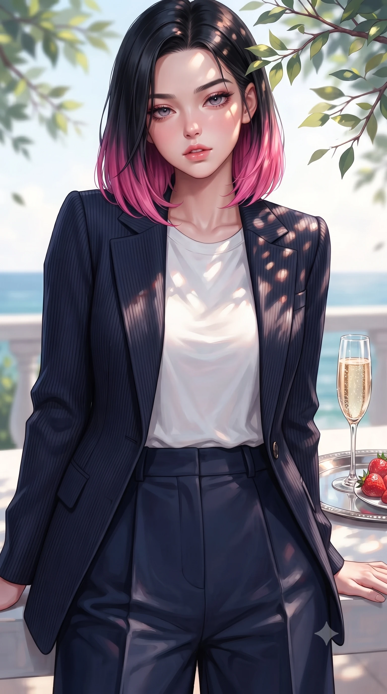score_9, masterpiece, best quality, ultra-detailed, high-budget anime keyframe, editorial fashion photography, tasteful artistic composition, Korean woman. close-up cowboy shot from the waist and thighs up, the character dominates the composition, filling the frame with her large presence, background elements kept in soft focus. looking down at the viewer beneath lowered lashes with a quiet, smoldering confidence and parted lips set against a soft-focus background of inside an exclusive oceanfront balcony with a crystal glass of sparkling champagne and fresh strawberries on a silver tray. She has an exceptionally elegant, slender, and willowy female figure with an ultra-slim waist, a gracefully sculpted slender torso, and a refined silhouette. sharp v-shaped jawline, high-bridge nose, intricate jewel-like eyes with depth, thick eyelashes, glossy lips with a natural sheen. wearing form-contouring midnight navy ribbed cashmere tailored casual blazer paired with a loose tee and wide-leg trousers featuring refined tailored seams. highlighted by dappled sunlight filtering through leafy branches, creating soft organic patterns. highly saturated vibrant anime colors, detailed shading with soft gradients, rich glossy textures, high-contrast stereoscopic depth, volumetric dynamic lighting, master piece, 9:16 ratio