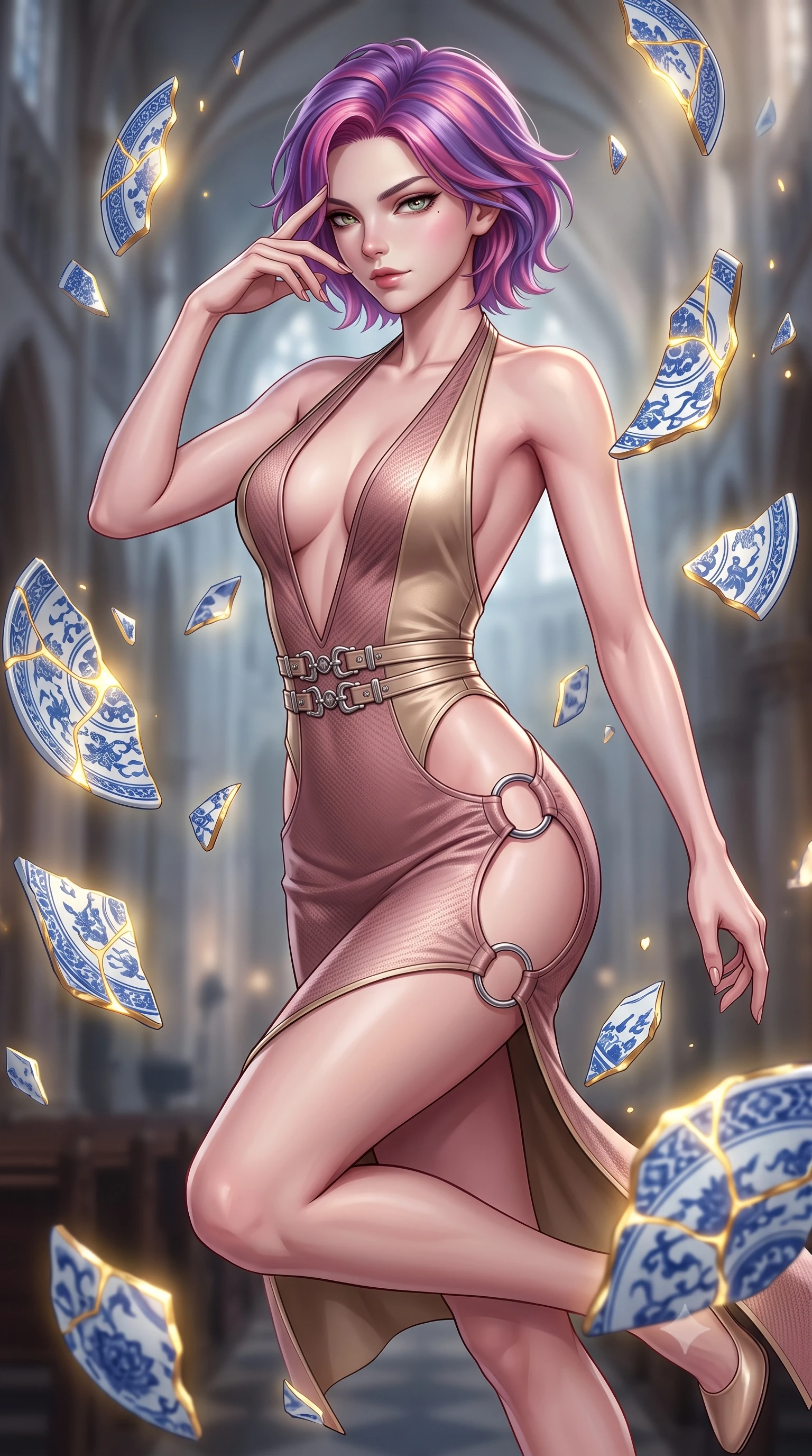 score_9, masterpiece, best quality, ultra-detailed, high-budget anime keyframe, editorial fashion photography, tasteful artistic composition, Caucasian woman. close-up cowboy shot from the waist and thighs up, the character dominates the composition, filling the frame with her large presence, background elements kept in soft focus. Resting her fingers gracefully near her temple, casting a sharp mysterious side-gaze during her stride while leaping through an alchemical cathedral nave flanked by floating blue-and-white porcelain shards, luminous gold kintsugi seams glowing with intense golden inner radiance. She has an exceptionally elegant, slender, and willowy female figure with an ultra-slim waist, a gracefully sculpted slender torso, and a refined silhouette. sharp v-shaped jawline, high-bridge nose, intricate jewel-like eyes with depth, thick eyelashes, glossy lips with a natural sheen, flawlessly proportioned anatomical accuracy, natural body alignment, perfectly sculpted elegant limbs, clean dynamic posture without body distortion. wearing a deep-scoop halter bodycon dress with hip cutouts connected by silver rings in dusty rose and champagne gold, made of fine carbon-fiber weave and soft matte leather, detailed with polished silver buckles along the waistline, the tailored fabric tightly following every curve of her athletic build. surrounded by a majestic inner radiance highlighting glossy white porcelain. highly saturated vibrant anime colors, detailed shading with soft gradients, rich glossy textures, high-contrast stereoscopic depth, volumetric dynamic lighting, master piece, 9:16 ratio