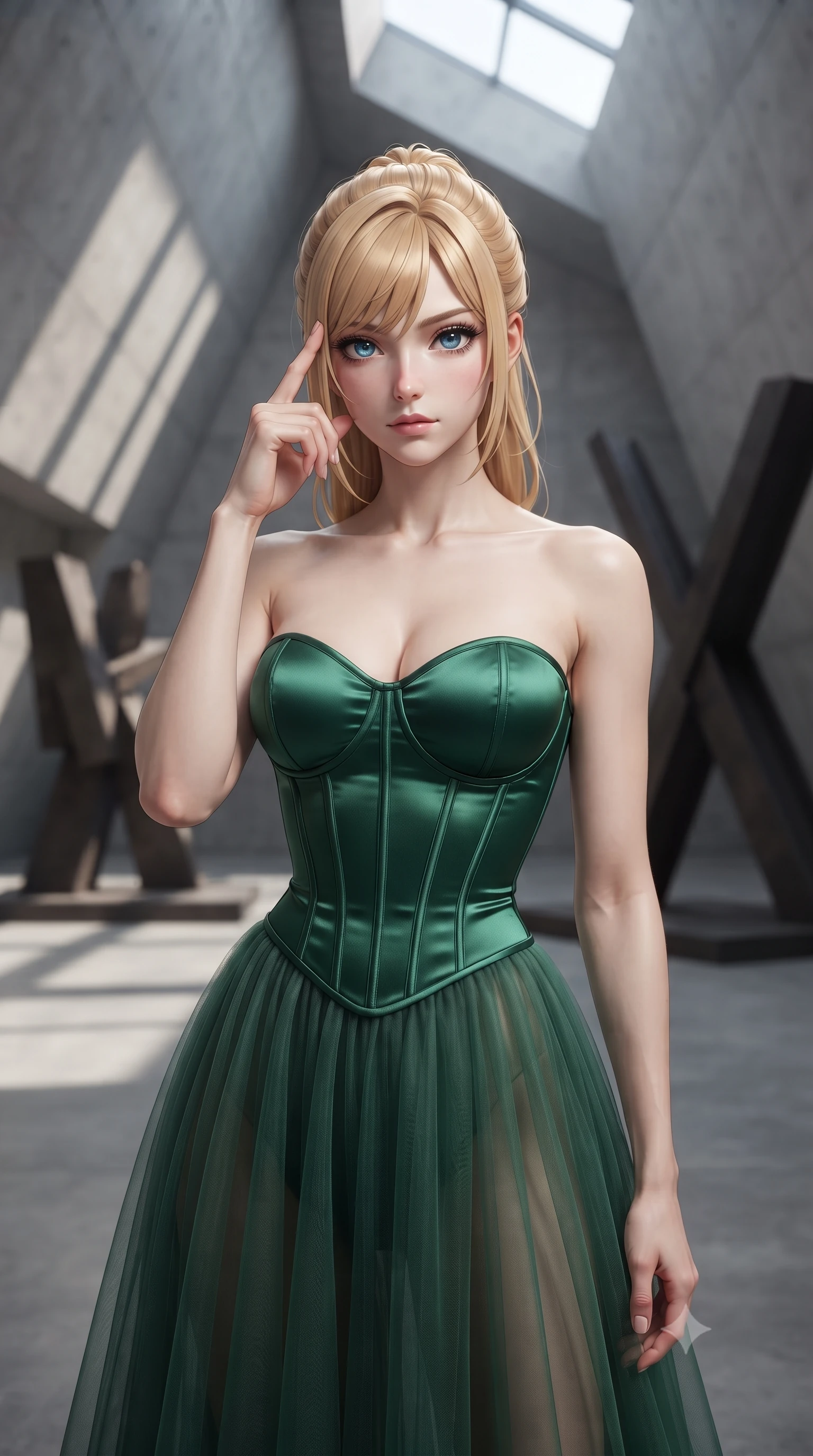 score_9, masterpiece, best quality, ultra-detailed, high-budget anime keyframe, editorial fashion photography, tasteful artistic composition, Caucasian woman, strictly human ears. close-up cowboy shot from the waist and thighs up, the character dominates the composition, filling the frame with her large presence, background elements kept in soft focus. Pressing two fingers to her temple in a composed thoughtful gesture. set against a soft-focus background of a raw concrete gallery space with dramatically angular walls and soaring ceilings featuring massive abstract steel sculptures and geometric shadow patterns cast by precisely placed architectural openings. She has an exceptionally elegant and slender, willowy female figure with an ultra-slim waist, a gracefully sculpted slender torso, and a refined slim physique. sharp v-shaped jawline, high-bridge nose, intricate jewel-like eyes with depth, thick eyelashes, glossy lips with a natural sheen. wearing a corset-topped gown with visible structured boning in emerald green satin, paired with a floor-length sheer tulle skirt. harsh directional white gallery spotlights creating strong geometric shadows on raw concrete surfaces with cool natural light from angular skylights above. 2k, ultra detail, master piece, 9:16 ratio
