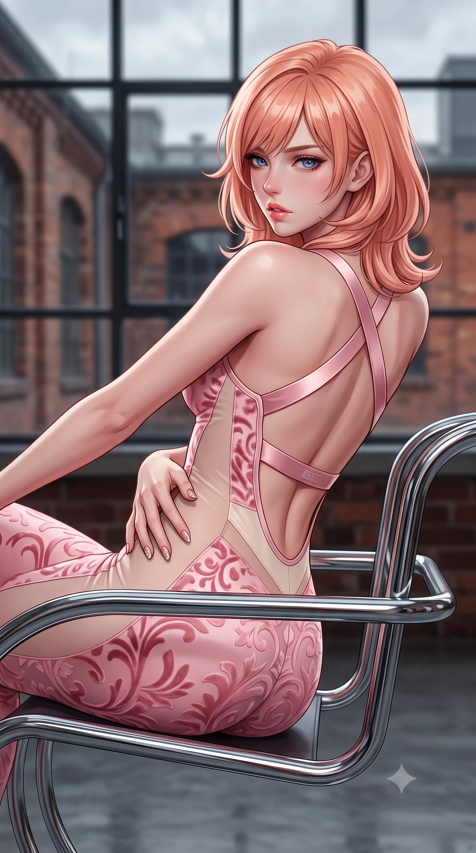score_9, masterpiece, best quality, ultra-detailed, high-budget anime keyframe, semi-realistic 3D game render, editorial fashion photography, tasteful artistic composition, Japanese woman. close-up cowboy shot from the waist and thighs up, the character dominates the composition, filling the frame with her large presence. resting one manicured hand delicately on her hip bone, her upper body turning in a fluid, seductive S-curve while parted lips glisten in the light while reclining on a tubular steel chrome Bauhaus armchair propped on one elbow, her curvaceous hips and willowy limbs creating an avant-garde geometric silhouette. The composition keeps background elements in soft focus with creamy bokeh. historic Berlin industrial brick buildings and overcast urban skies blurred into cool slate, charcoal, and warm terracotta bokeh through steel-framed glass. She has an exceptionally elegant, slender, and willowy female figure with an ultra-slim waist, flat toned midriff, narrow ribcage, and sculpted feminine hips creating an alluring, slim hourglass silhouette without bulk. sharp v-shaped jawline, high-bridge nose, intricate jewel-like eyes with depth, thick eyelashes, glossy parted lips with a natural sheen, intensely captivating and seductive bedroom-eyes expression, flawlessly proportioned anatomical accuracy, strict slender model proportions, natural body alignment, perfectly sculpted long slender limbs, ultra-slim waistline, clean dynamic posture without body distortion. wearing a second-skin compression catsuit with an open back and sheer mesh side waist contouring in sakura blossom pink and warm ivory, made of sheer contouring power-mesh with velvet flocking patterns, finished with criss-cross back satin straps highlighting her graceful shoulder blades, the precision-cut side openings and low-back scoop framing her graceful spine and the sensual sweep of her slim, toned hips. illuminated by subtle architectural spotlighting sharply defining her sculpted cheekbones, ultra-slim waist, and curvy hips. highly saturated vibrant anime colors, detailed shading with soft gradients, rich glossy textures, high-contrast stereoscopic depth, volumetric dynamic lighting, master piece, 9:16 ratio