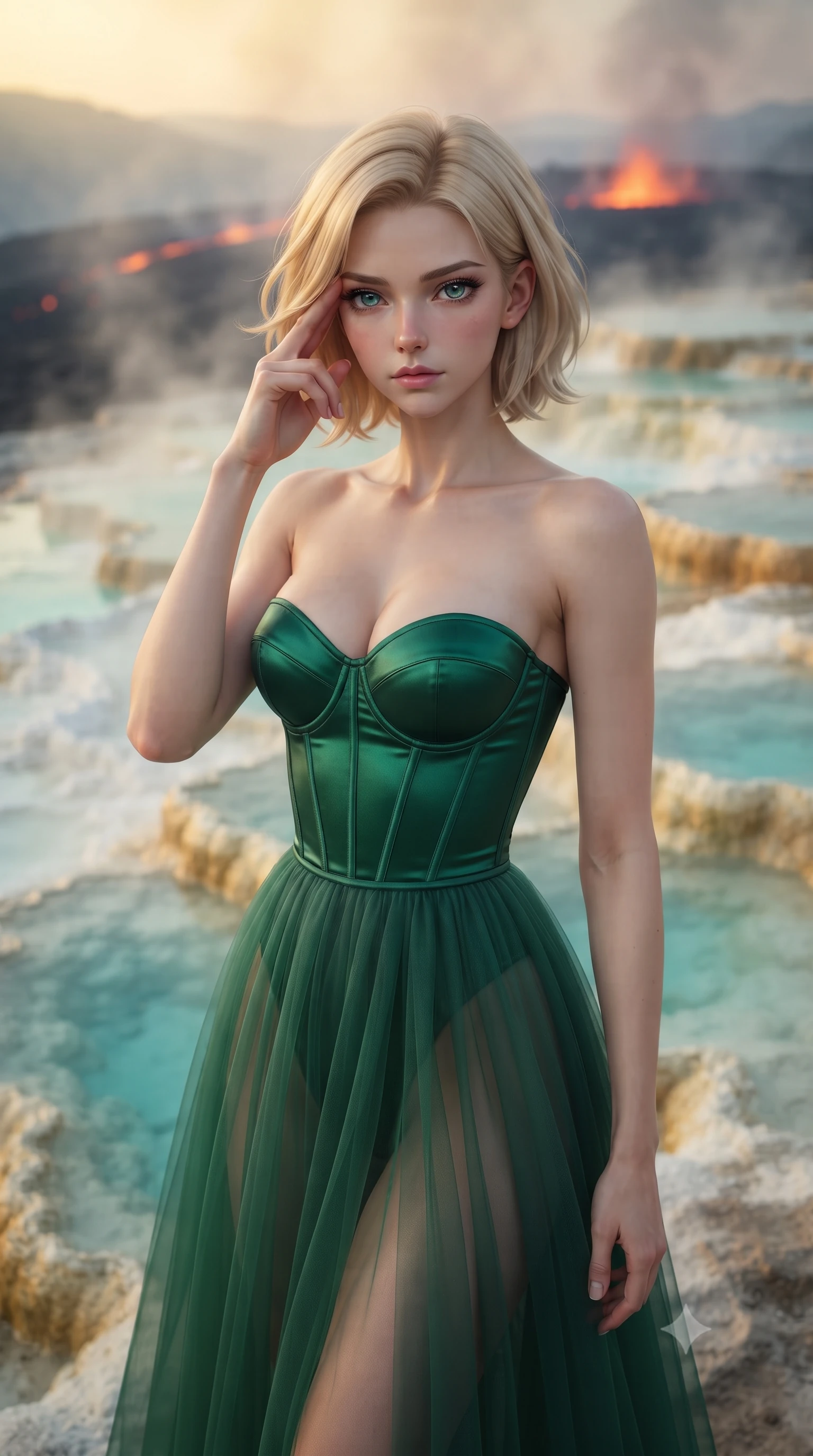 score_9, masterpiece, best quality, ultra-detailed, high-budget anime keyframe, editorial fashion photography, tasteful artistic composition, Caucasian woman, strictly human ears. close-up cowboy shot from the waist and thighs up, the character dominates the composition, filling the frame with her large presence, background elements kept in soft focus. Pressing two fingers to her temple in a composed thoughtful gesture. set against a soft-focus background of on terraced mineral hot springs cascading down an active volcano's slope with turquoise and milky blue water steaming in each pool travertine formations in white and gold and distant lava glow on the horizon. She has an exceptionally elegant and slender, willowy female figure with an ultra-slim waist, a gracefully sculpted slender torso, and a refined slim physique. sharp v-shaped jawline, high-bridge nose, intricate jewel-like eyes with depth, thick eyelashes, glossy lips with a natural sheen. wearing a corset-topped gown with visible structured boning in emerald green satin, paired with a floor-length sheer tulle skirt. warm steam-diffused golden light from above with deep orange volcanic glow from the background and cool turquoise reflection from the mineral water creating a warm-cool atmospheric blend. 2k, ultra detail, master piece, 9:16 ratio