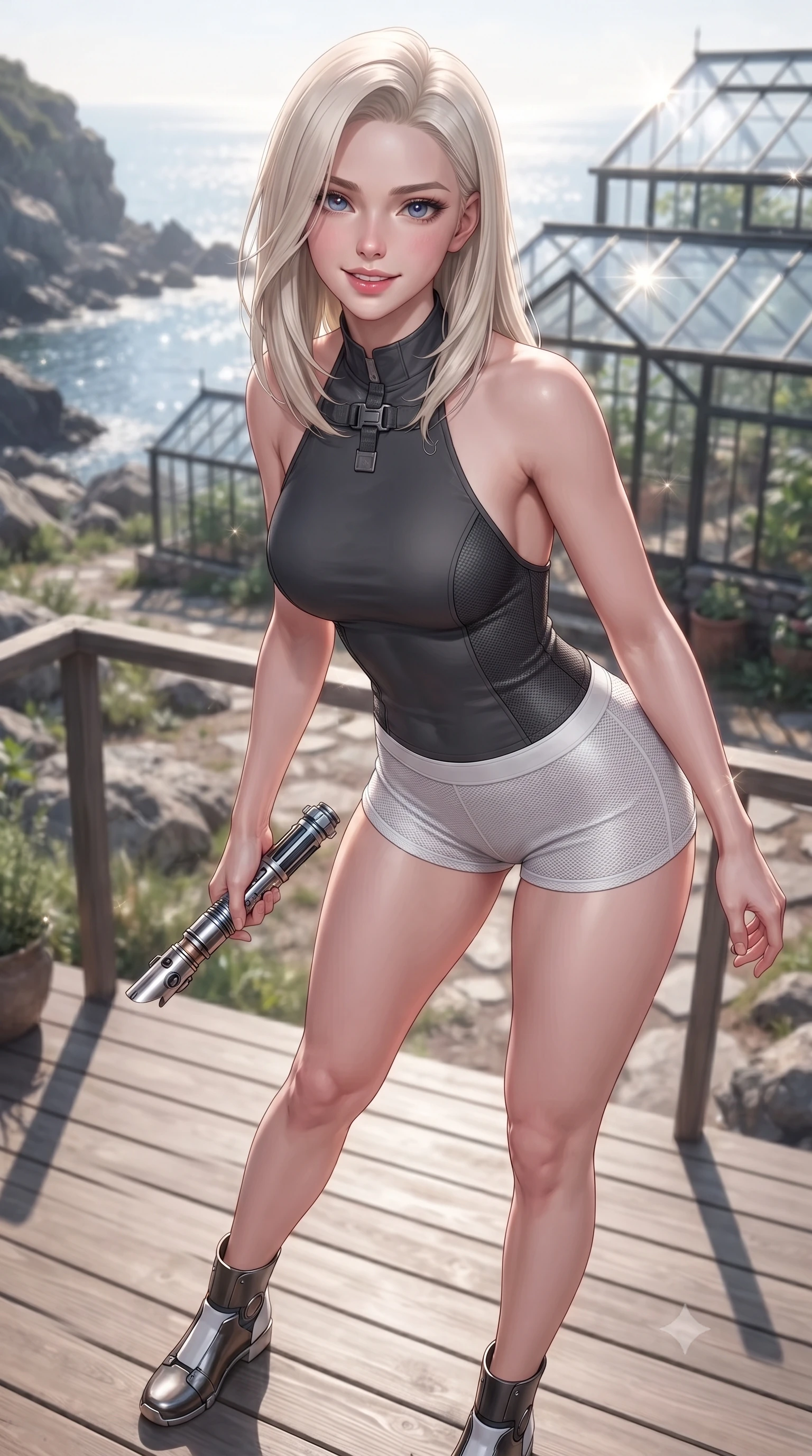 score_9, masterpiece, best quality, ultra-detailed, high-budget anime keyframe, editorial fashion photography, tasteful artistic composition, Caucasian woman. close-up cowboy shot from the waist and thighs up, the character dominates the composition, filling the frame with her large presence, background elements kept in soft focus. leaning slightly forward with a playful, teasing smile while holding a deactivated plasma saber hilt, the background shows a soft-focus a quiet coastal deck overlooking a rocky bay with botanical greenhouses. She has an exceptionally elegant, slender, and willowy female figure with an ultra-slim waist, a gracefully sculpted slender torso, and a refined silhouette. sharp v-shaped jawline, high-bridge nose, intricate jewel-like eyes with depth, thick eyelashes, glossy lips with a natural sheen. wearing a slim-fit backless combat halter top in charcoal grey, paired with white carbon-mesh micro-shorts. bright morning sun rays creating sparkling glints on the sea and the greenhouse glass. ultra-reflective glossy finish, specular highlights, metallic sheen, high-contrast stereoscopic depth, volumetric dynamic lighting, 2k, ultra detail, master piece, 9:16 ratio