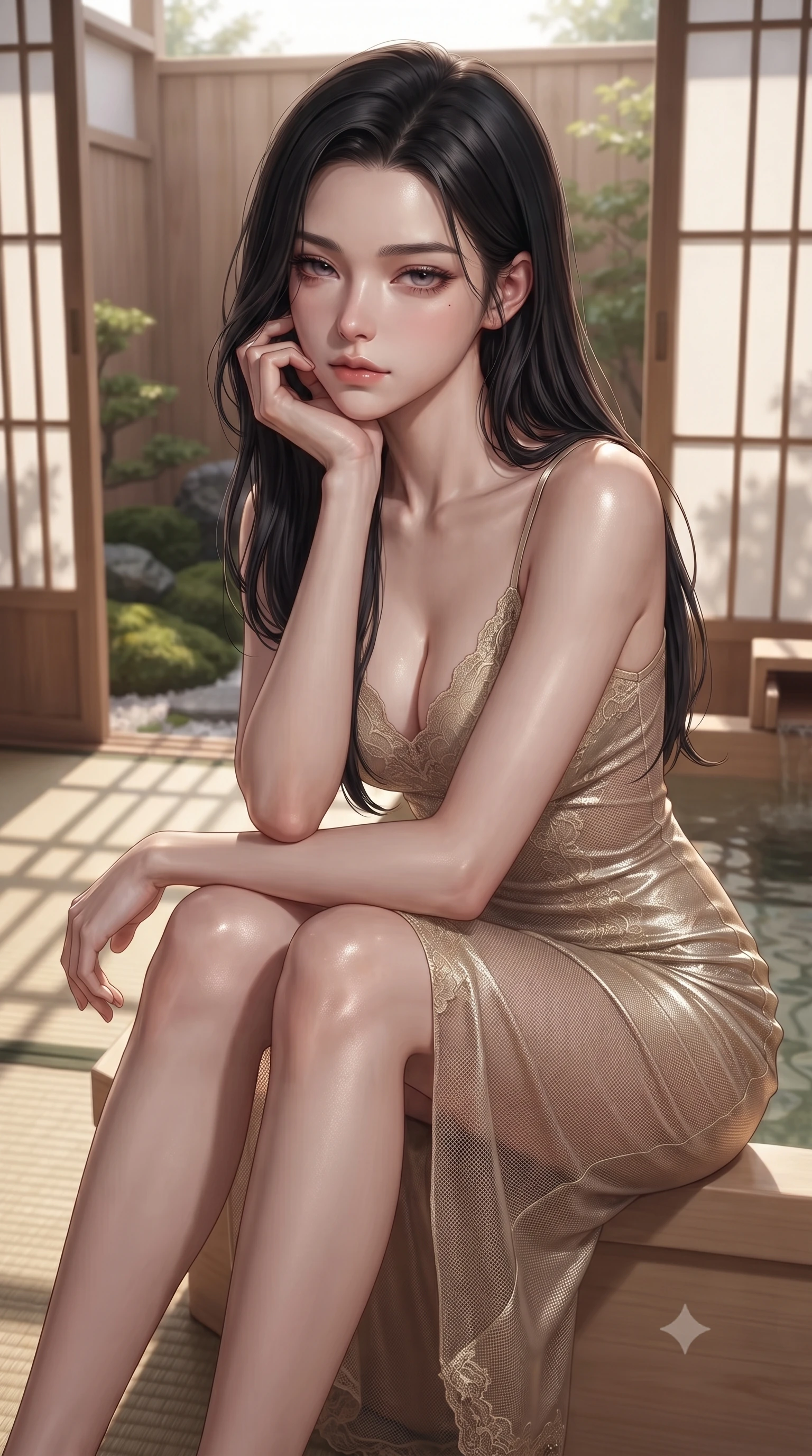 score_9, masterpiece, best quality, ultra-detailed, high-budget anime keyframe, editorial fashion photography, tasteful artistic composition, Korean woman woman. close-up cowboy shot from the waist and thighs up, the character dominates the composition, filling the frame with her large presence, background elements kept in soft focus. resting her chin on the backs of her fingers, casting a heavy-lidded, sultry look past the camera the background shows a soft-focus a private cypress wood bath (hinoki) facing a small moss garden through sliding doors. She has an exceptionally elegant, slender, and willowy female figure with an ultra-slim waist, a gracefully sculpted slender torso, and a refined silhouette. sharp v-shaped jawline, high-bridge nose, intricate jewel-like eyes with depth, thick eyelashes, glossy lips with a natural sheen. wearing a form-contouring delicate lace-accented slip dress in champagne gold, featuring a semi-transparent mesh underlay. soft late afternoon sunrays casting long wooden grid shadows on the tatami. ultra-reflective glossy finish, specular highlights, metallic sheen, high-contrast stereoscopic depth, volumetric dynamic lighting, 2k, ultra detail, master piece, 9:16 ratio