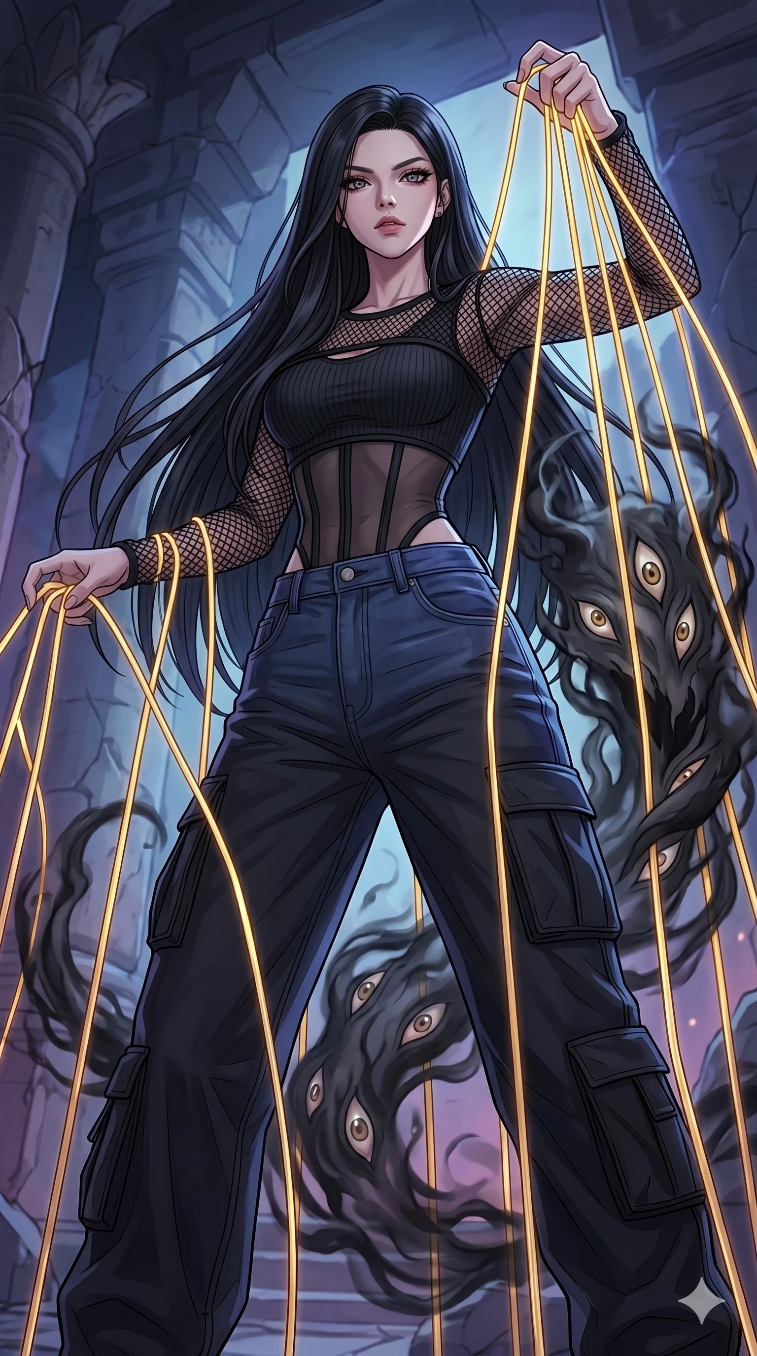 score_9, masterpiece, best quality, ultra-detailed, high-budget anime movie keyframe, cinematic anime lighting, intricate line art, Japanese woman. Low angle cowboy shot capturing a powerful motion and statuesque presence. weaving a cage of golden bars around a shadow demon. She has an absolutely perfect 8-heads proportion, an exceptionally tall and slender female figure with an ultra-slim waist and impossibly long slender legs. strictly human anatomy, two legs only, no extra limbs, clearly defined legs and arms, perfect anatomy, perfect hands and fingers. sharp v-shaped jawline, high-bridge nose, intricate jewel-like eyes, thick eyelashes, glossy lips. Wearing Urban Trendsetter: Ribbed bodycon dress, crop top with high-waist denim, and sheer corset with cargo pants. The scene is illuminated by dramatic atmospheric lighting and vibrant color palettes. , 2k, ultra detail, master piece, 9:16 ratio