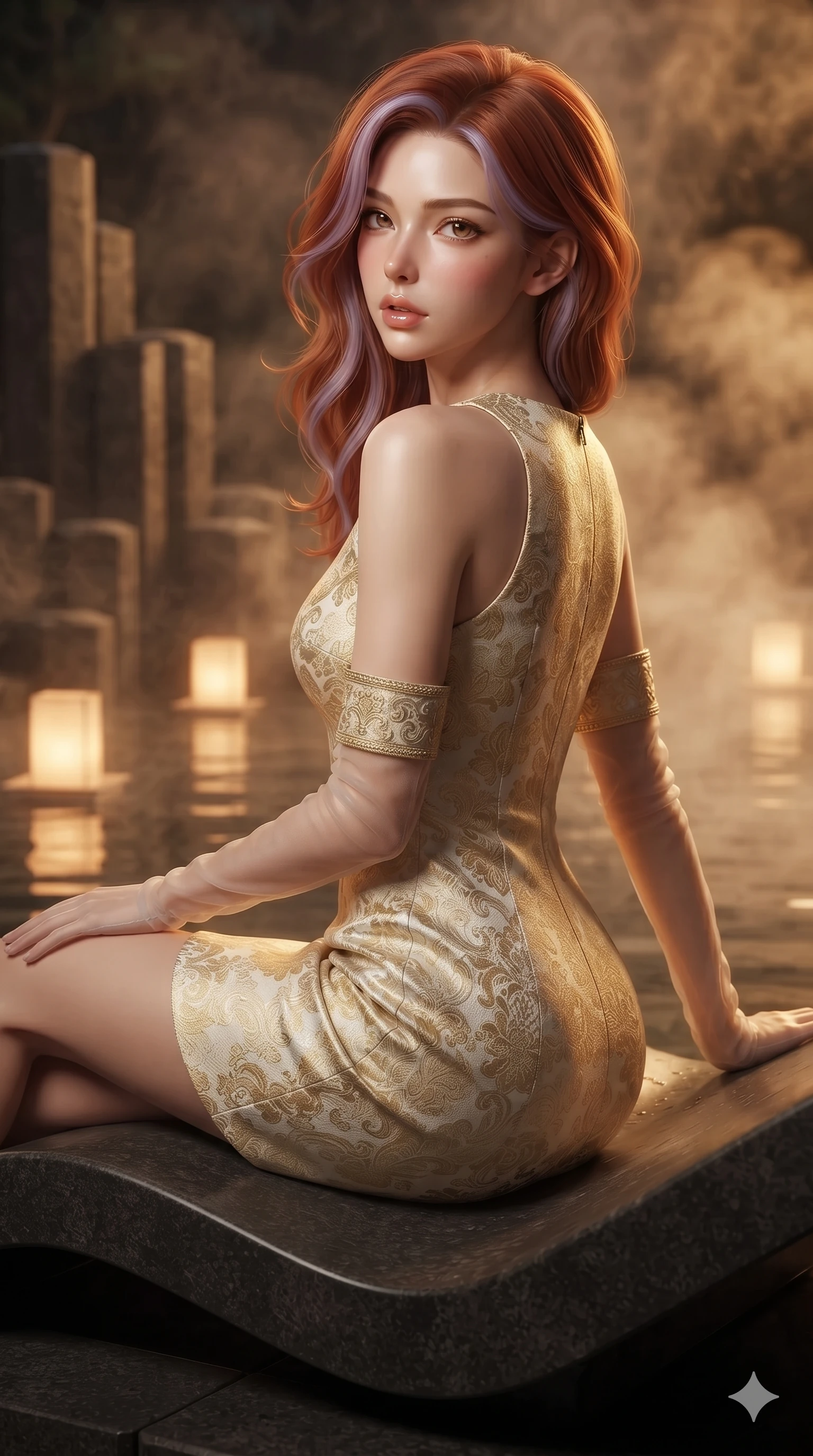 score_9, masterpiece, best quality, ultra-detailed, high-budget anime keyframe, editorial fashion photography, tasteful artistic composition, Caucasian woman. close-up cowboy shot from the waist and thighs up, the character dominates the composition, filling the frame with her large presence. posing in an alluring rear three-quarter angle, looking over a bare shoulder with parted glossy lips, her hips cocked back to highlight her slim hourglass curve while lounging gracefully on the heated basalt spa lounger propped on one elbow with legs extended, her sculpted silhouette and flat midriff radiating magnetic nocturnal glamour. The background shows a soft-focus fluted hexagonal volcanic basalt pillars, glowing paper lanterns floating on water, and dense warm steam blurred into warm amber, honey, and charcoal bokeh. She has an exceptionally elegant, slender, and willowy female figure with an ultra-slim waist, flat toned midriff, narrow ribcage, and sculpted feminine hips creating an alluring, slim hourglass silhouette without bulk. sharp v-shaped jawline, high-bridge nose, intricate jewel-like sparkling eyes with depth, thick eyelashes, glossy parted lips with a natural sheen, intensely captivating and seductive bedroom-eyes expression, exuding both youthful cute charm and sovereign luxury allure, flawlessly proportioned anatomical accuracy, strict slender model proportions, natural body alignment, perfectly sculpted long slender limbs, ultra-slim waistline, clean dynamic posture without body distortion. wearing an aristocratic gold-leaf jacquard brocade shift dress with high boat neckline and elegant bracelet sleeves in Istrian stone cream and antique gold-leaf, crafted from bespoke double-faced cashmere with an exceptionally soft tactile finish, complemented by sheer opera-length evening gloves tracing her slender arms, the impeccably tailored cut draping gracefully along her slender figure with aristocratic poise. illuminated by water reflection bounce and sharp amber-gold rim lights sculpting her razor-sharp jawline, narrow waist, and curvy hips. ultra-reflective glossy finish, specular highlights, rich textural contrasts, high-contrast stereoscopic depth, volumetric dynamic lighting, 2k, ultra detail, master piece, 9:16 ratio