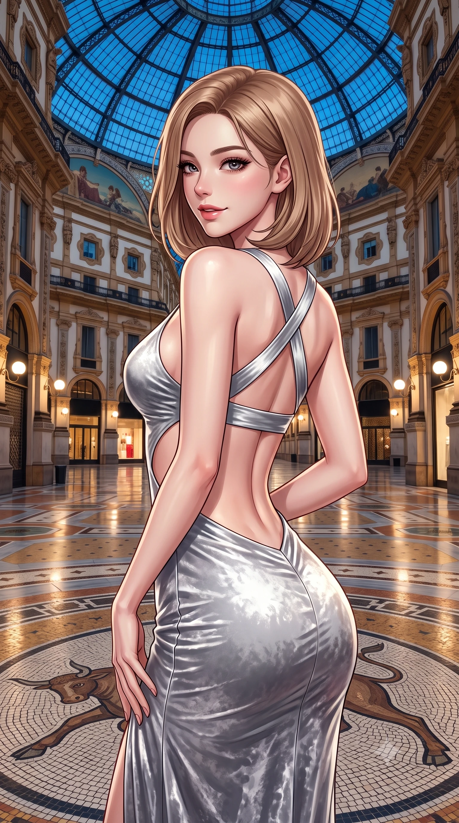 score_9, masterpiece, best quality, ultra-detailed, high-budget anime keyframe, semi-realistic 3D game render, editorial fashion photography, tasteful artistic composition, Korean woman. close-up cowboy shot from the waist and thighs up, the character dominates the composition, filling the frame with her large presence. turning over a bare shoulder with an intoxicating, teasing smile, her soft hair framing her sharp jawline as her hips angle gracefully while pausing at the center of the famous mosaic bull floor with hips cocked back, glancing over a bare shoulder with an audacious, haute-couture smile. The surrounding environment is rendered in vivid detail and crisp panoramic clarity. sharp marble mosaic floor tesserae, iron roof truss rivets, and neoclassical facade moldings in deep focus. She has an exceptionally elegant, slender, and willowy female figure with an ultra-slim waist, flat toned midriff, narrow ribcage, and sculpted feminine hips creating an alluring, slim hourglass silhouette without bulk. sharp v-shaped jawline, high-bridge nose, intricate jewel-like eyes with depth, thick eyelashes, glossy parted lips with a natural sheen, intensely captivating and seductive bedroom-eyes expression, flawlessly proportioned anatomical accuracy, strict slender model proportions, natural body alignment, perfectly sculpted long slender limbs, ultra-slim waistline, clean dynamic posture without body distortion. wearing a sculptured liquid-satin mermaid gown with an architectural open-waist cutout and bare spine in shimmering silver mercury and pearl white, crafted from heavyweight crushed silk velvet with liquid vintage luster, finished with criss-cross back satin straps highlighting her graceful shoulder blades, the second-skin form-contouring cut accentuating her sculpted flat midriff, narrow delicate ribcage, and gracefully curvy hips with supermodel precision. bathed in soft architectural boutique spotlighting contrasting with cool midnight skylight through the glass dome. highly saturated vibrant anime colors, detailed shading with soft gradients, rich glossy textures, high-contrast stereoscopic depth, volumetric dynamic lighting, master piece, 9:16 ratio