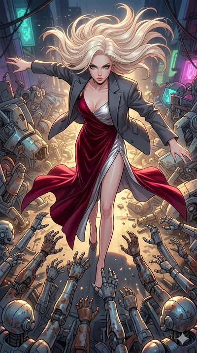 score_9, masterpiece, best quality, ultra-detailed, high-budget anime movie keyframe, cinematic anime lighting, intricate line art, Caucasian (strictly human ears) woman. Extreme high angle shot as she leaps towards the camera, filling the frame. sur