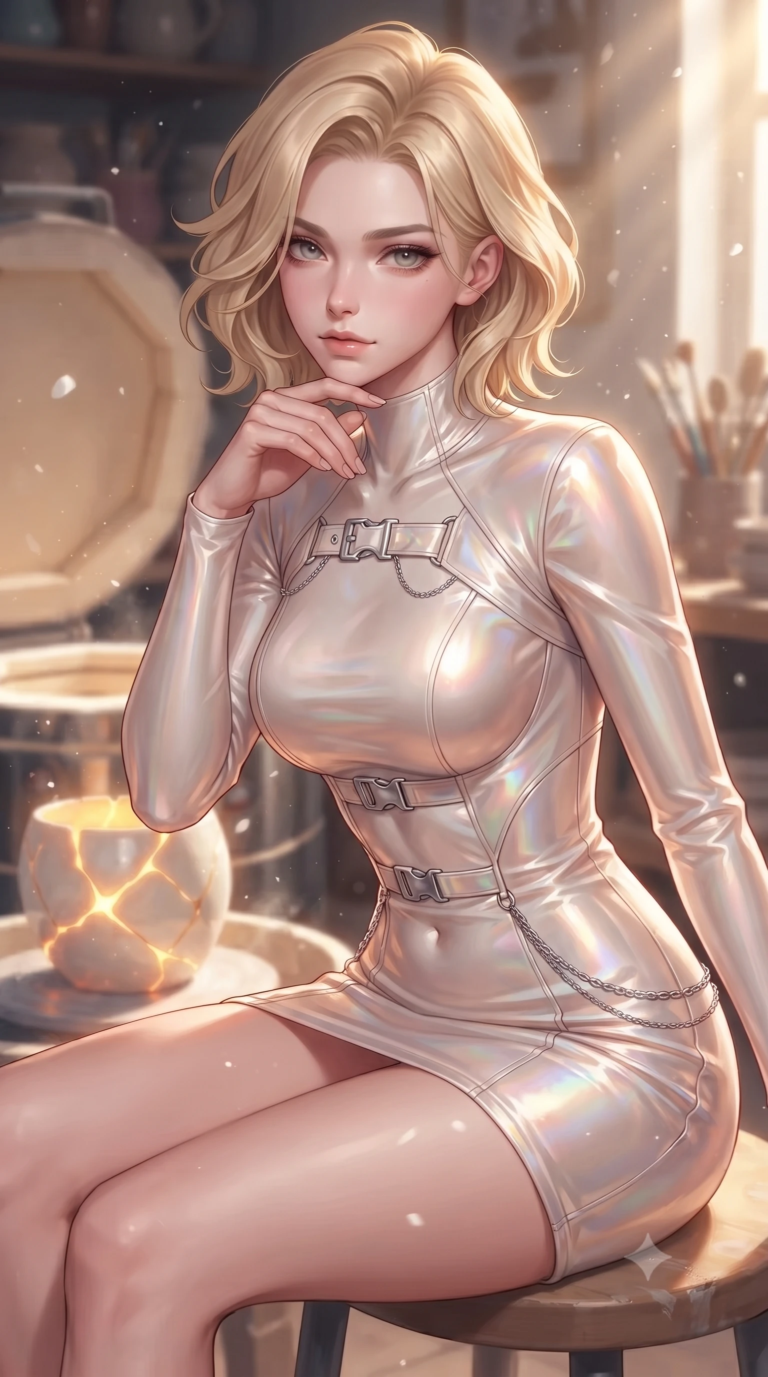 score_9, masterpiece, best quality, ultra-detailed, high-budget anime keyframe, editorial fashion photography, tasteful artistic composition, Caucasian woman. close-up cowboy shot from the waist and thighs up, the character dominates the composition, filling the frame with her large presence, background elements kept in soft focus. Resting her chin on the backs of her fingers with an air of effortless superiority, resting near a ceramic kiln as golden kintsugi light glows warmly around her, soft white ceramic dust motes floating in bright warm sunbeams. She has an exceptionally elegant, slender, and willowy female figure with an ultra-slim waist, a gracefully sculpted slender torso, and a refined silhouette. sharp v-shaped jawline, high-bridge nose, intricate jewel-like eyes with depth, thick eyelashes, glossy lips with a natural sheen. wearing aerodynamic second-skin rose-gold metallic bodycon dress in glowing ivory, made of iridescent hologram organza, framed by polished silver buckles and delicate chain details, the fitted fabric emphasizing her ultra-slim waist. illuminated by warm golden kintsugi glow radiating from opal porcelain cracks. highly saturated vibrant anime colors, detailed shading with soft gradients, rich glossy textures, high-contrast stereoscopic depth, volumetric dynamic lighting, master piece, 9:16 ratio
