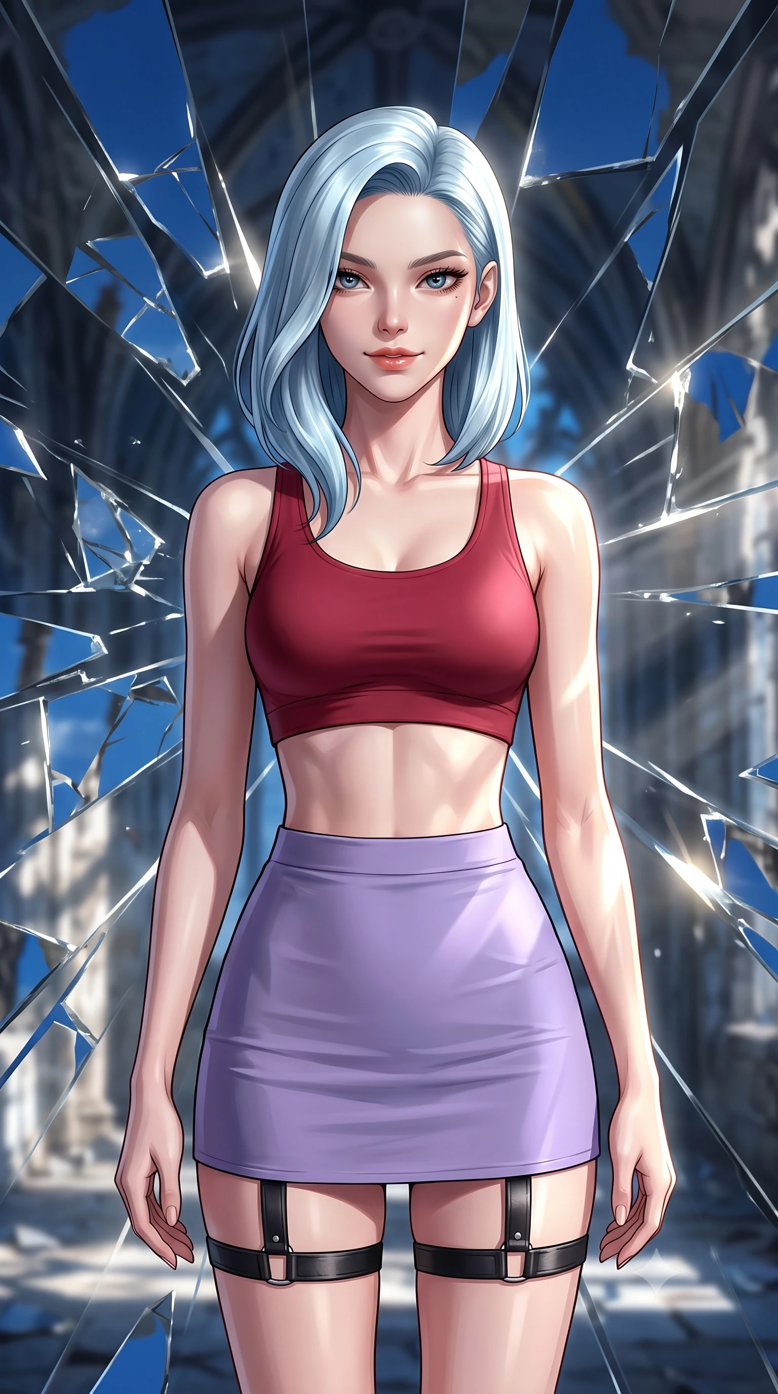 score_9, masterpiece, best quality, ultra-detailed, high-budget anime keyframe, editorial fashion photography, tasteful artistic composition, Korean woman. close-up cowboy shot from the waist and thighs up, the character dominates the composition, filling the frame with her large presence, background elements kept in soft focus. Exhibiting a confident, playful smirk directly into the camera. set against a soft-focus background of standing inside an ancient Gothic ruin where the walls are made of shattered mirror shards, reflecting fragmented pieces of a deep blue sky. She has an exceptionally elegant, slender, and willowy female figure with a highly-defined ultra-slim waist, a gracefully sculpted slender torso, and a refined slim-fit silhouette that contours her form. sharp v-shaped jawline, high-bridge nose, intricate jewel-like eyes with depth, thick eyelashes, glossy lips with a natural sheen. wearing a matte crimson crop top paired with matching high-waist lavender mini skirt and black leather thigh straps. bright sun rays bouncing off the broken mirrors, creating sharp, chaotic beams of light and high-contrast shadows. 2k, ultra detail, master piece, 9:16 ratio