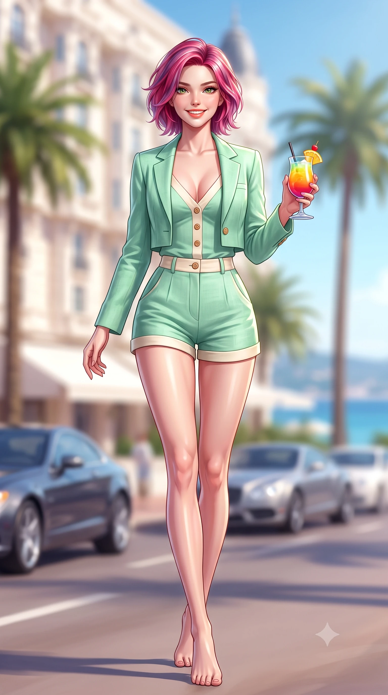 score_9, masterpiece, best quality, ultra-detailed, high-budget anime keyframe, semi-realistic 3D game render, editorial fashion photography, tasteful artistic composition, Caucasian woman. low angle full-body shot from head to toe showing her feet, filling the entire 9:16 vertical frame with her statuesque presence, stretching her vertical silhouette. stepping forward gracefully in mid-motion with a radiant beaming smile, hips swaying in an alluring kinetic rhythm that accentuates her curvy hourglass silhouette and long slender legs while turning in an alluring contrapposto stance with a colorful cocktail in hand, her form-fitting resort wear hugging her narrow waist and hips. The composition keeps background elements in soft focus with dreamy creamy bokeh. luxury Croisette palace hotels and palm boulevards softened in glamorous French Riviera shallow focus. She has an exceptionally tall and slender model-like 8.5-heads proportion, an ultra-slim waist, a flat toned midriff, narrow delicate ribcage, and beautifully sculpted feminine hips creating a graceful, slim hourglass silhouette without any bulky heaviness, with impossibly long slender legs. sharp v-shaped jawline, high-bridge nose, intricate jewel-like sparkling eyes with depth, thick eyelashes, glossy parted lips with a natural peach sheen, bright cheerful beaming smile with an enchanting and coquettish sensual glint, exuding both youthful cute charm and seductive allure, flawlessly proportioned anatomical accuracy, strict slender model proportions, natural body alignment, perfectly sculpted long slender limbs, ultra-slim waistline, clean dynamic posture without body distortion. wearing a chic cropped linen blazer worn with a plunging-V camisole and high-waisted tailored hot-pants showcasing her long slender legs in refreshing mint green and soft vanilla cream, crafted from soft cozy cashmere yarn with an airy drape, finished with neat front wooden buttons and delicate pocket details, the glove-like silhouette tightly following the natural contour of her hips and long slender legs with youthful 8.5-heads elegance. illuminated by intense specular sea reflections sharply carving her razor-sharp jawline, narrow waist, and curvy hips. highly saturated vibrant anime colors, detailed shading with soft gradients, rich glossy textures, high-contrast stereoscopic depth, volumetric dynamic lighting, master piece, 9:16 ratio