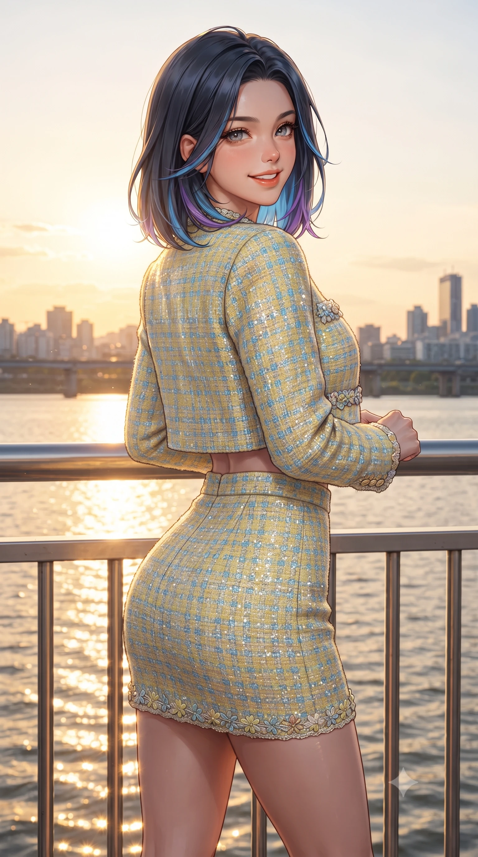 score_9, masterpiece, best quality, ultra-detailed, high-budget anime keyframe, editorial fashion photography, tasteful artistic composition, Caucasian woman. close-up cowboy shot from the waist and thighs up, the character dominates the composition, filling the frame with her large presence. posing in an alluring rear three-quarter angle, turning over a bare shoulder with an intoxicating cute smile, her hips cocked back to highlight her slim hourglass curve while standing poised against the sunset-lit riverbank railing, twisting her slender torso in an alluring contrapposto stance as the river sparkles in gold. The surrounding environment is rendered in vivid detail and crisp panoramic clarity. detailed knit top texture, warm sunset specular sheen on skin, and Seoul riverfront horizon in high clarity. She has an exceptionally elegant, slender, and willowy female figure with an ultra-slim waist, flat toned midriff, narrow ribcage, and sculpted feminine hips creating an alluring, slim hourglass silhouette without bulk. sharp v-shaped jawline, high-bridge nose, intricate jewel-like sparkling eyes with depth, thick eyelashes, glossy parted lips with a natural peach sheen, bright cheerful beaming smile with an enchanting and coquettish sensual glint, exuding both youthful cute charm and seductive allure, flawlessly proportioned anatomical accuracy, strict slender model proportions, natural body alignment, perfectly sculpted long slender limbs, ultra-slim waistline, clean dynamic posture without body distortion. wearing a cute pastel tweed two-piece set with a cropped jacket and ultra-fitted high-waisted mini skirt tracing her hips in sunny daffodil yellow and clear sky blue, tailored from soft pastel tweed with subtle metallic shimmer, complemented by delicate embroidered floral trim along the hem, the form-contouring cut accentuating her sculpted flat midriff, narrow delicate ribcage, and gracefully curvy hips with supermodel precision. illuminated by warm grass bounce light contouring her sculpted collarbones, ultra-slim waist, and curvy hips. ultra-reflective glossy finish, specular highlights, rich textural contrasts, high-contrast stereoscopic depth, volumetric dynamic lighting, 2k, ultra detail, master piece, 9:16 ratio