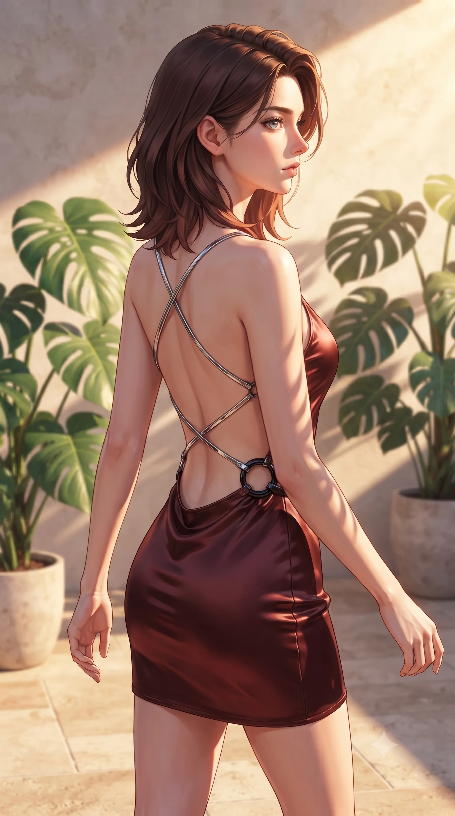 score_9, masterpiece, best quality, ultra-detailed, high-budget anime keyframe, editorial fashion photography, tasteful artistic composition, Korean woman. close-up cowboy shot from the waist and thighs up, the character dominates the composition, filling the frame with her large presence, background elements kept in soft focus. Turning her face in sharp dramatic profile against the key light, walking across a warm limestone terrace surrounded by potted tropical monstera leaves, golden sun rays highlighting her high-bridge nose and jewel-like eyes. She has an exceptionally elegant, slender, and willowy female figure with an ultra-slim waist, a gracefully sculpted slender torso, and a refined silhouette. sharp v-shaped jawline, high-bridge nose, intricate jewel-like eyes with depth, thick eyelashes, glossy lips with a natural sheen. wearing dramatically scooped backless dark satin mini dress with criss-cross chrome straps in dark mahogany, made of soft crimson satin, accented with sculpted obsidian chrome rings at the waist, sculpting her athletic slender build with refined precision. lit by golden-hour sunlight casting graceful organic leaf shadows. highly saturated vibrant anime colors, detailed shading with soft gradients, rich glossy textures, high-contrast stereoscopic depth, volumetric dynamic lighting, master piece, 9:16 ratio