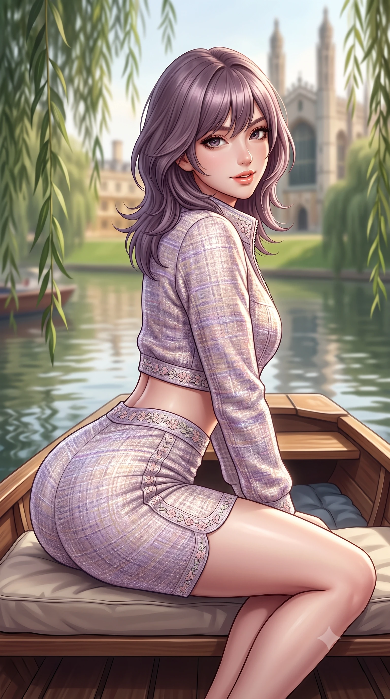 score_9, masterpiece, best quality, ultra-detailed, high-budget anime keyframe, semi-realistic 3D game render, editorial fashion photography, tasteful artistic composition, Japanese woman. close-up cowboy shot from the waist and thighs up, the character dominates the composition, filling the frame with her large presence. leaning forward with playful cute grace while arching her lower back to accentuate her curvy hips, looking into the camera with a bright cheerful smile and alluring coquettish bedroom-eyes while sitting on the wooden punting boat cushions moored beneath weeping willows, looking over her shoulder with enchanting, playful bedroom-eyes. The composition keeps background elements in soft focus with dreamy creamy bokeh. weeping willows trailing in reflective river waters and gothic college spires blurred into soft emerald, champagne, and slate bokeh. She has an exceptionally elegant, slender, and willowy female figure with an ultra-slim waist, flat toned midriff, narrow ribcage, and sculpted feminine hips creating an alluring, slim hourglass silhouette without bulk. sharp v-shaped jawline, high-bridge nose, intricate jewel-like sparkling eyes with depth, thick eyelashes, glossy parted lips with a natural peach sheen, bright cheerful beaming smile with an enchanting and coquettish sensual glint, exuding both youthful cute charm and seductive allure, flawlessly proportioned anatomical accuracy, strict slender model proportions, natural body alignment, perfectly sculpted long slender limbs, ultra-slim waistline, clean dynamic posture without body distortion. wearing a sporty chic zip-up crop jacket paired with high-waisted biker shorts clinging to her athletic hips in soft lilac and champagne shimmer, tailored from soft pastel tweed with subtle metallic shimmer, complemented by delicate embroidered floral trim along the hem, the high-waisted tailoring accentuating her ultra-slim waistline and the enchanting curve of her feminine hips with alluring charm. illuminated by calm river water specular reflections accentuating her sculpted collarbones, ultra-slim waist, and curvy hips. highly saturated vibrant anime colors, detailed shading with soft gradients, rich glossy textures, high-contrast stereoscopic depth, volumetric dynamic lighting, master piece, 9:16 ratio
