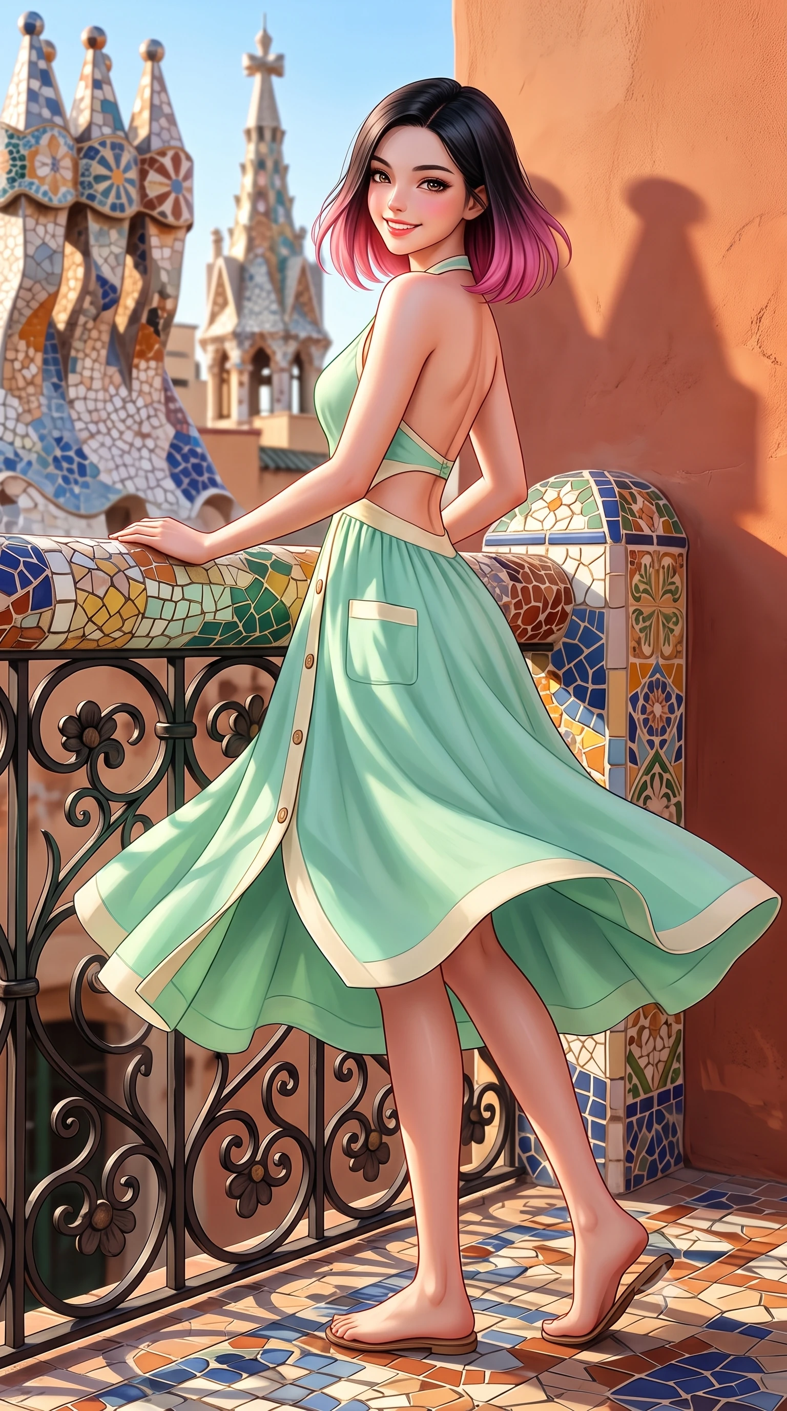score_9, masterpiece, best quality, ultra-detailed, high-budget anime keyframe, semi-realistic 3D game render, editorial fashion photography, tasteful artistic composition, Korean woman. low angle full-body shot from head to toe showing her feet, filling the entire 9:16 vertical frame with her statuesque presence, stretching her vertical silhouette. executing a cheerful mid-motion pivot turn as her skirt flutters around her slender legs, glancing over her shoulder with an intoxicating, teasing cute expression while leaning against the colorful Gaudi-style mosaic balustrade with hips cocked back, looking over her shoulder with an alluring, coquettish gaze. The surrounding environment is rendered in vivid detail and crisp panoramic clarity. sharp ceramic mosaic glaze reflections, wrought-iron floral scrollwork, and balcony floor tiles in deep focus. She has an exceptionally tall and slender model-like 8.5-heads proportion, an ultra-slim waist, a flat toned midriff, narrow delicate ribcage, and beautifully sculpted feminine hips creating a graceful, slim hourglass silhouette without any bulky heaviness, with impossibly long slender legs. sharp v-shaped jawline, high-bridge nose, intricate jewel-like sparkling eyes with depth, thick eyelashes, glossy parted lips with a natural peach sheen, bright cheerful beaming smile with an enchanting and coquettish sensual glint, exuding both youthful cute charm and seductive allure, flawlessly proportioned anatomical accuracy, strict slender model proportions, natural body alignment, perfectly sculpted long slender limbs, ultra-slim waistline, clean dynamic posture without body distortion. wearing a backless pastel halter sundress with side-waist diamond cutouts and an ultra-fitted hip-hugging silhouette in refreshing mint green and soft vanilla cream, crafted from soft breathable linen with effortless natural drape, finished with neat front wooden buttons and delicate pocket details, the liquid-tight tailored fabric clinging flawlessly to her narrow waist and rounded feminine hips, emphasizing every millimeter of her sculpted slim hourglass curves without any bulky heaviness. illuminated by warm terracotta wall bounce fill sharply defining her sculpted collarbones, ultra-slim waist, and curvy hips. highly saturated vibrant anime colors, detailed shading with soft gradients, rich glossy textures, high-contrast stereoscopic depth, volumetric dynamic lighting, master piece, 9:16 ratio
