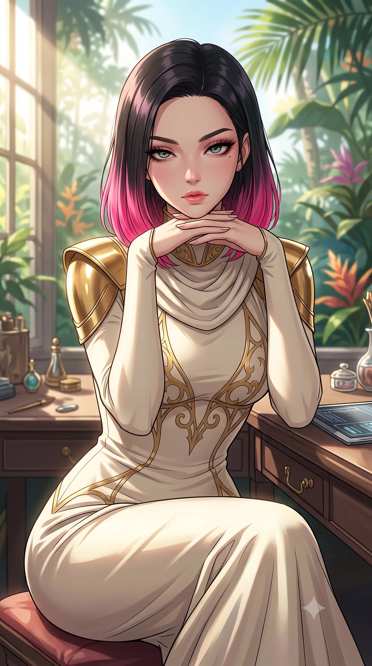 score_9, masterpiece, best quality, ultra-detailed, high-budget anime keyframe, tasteful artistic composition, Korean woman. close-up cowboy shot from the waist and thighs up, the character dominates the composition, filling the frame with her large presence, background elements kept in soft focus. resting her chin on the backs of her fingers, casting a heavy-lidded, sultry look past the camera the background shows a soft-focus a quiet writing desk in a sunroom, facing a tropical botanical garden. She has an exceptionally elegant, slender, and willowy female figure with an ultra-slim waist, a gracefully sculpted slender torso, and a refined silhouette. sharp v-shaped jawline, high-bridge nose, intricate jewel-like eyes with depth, thick eyelashes, glossy lips with a natural sheen. wearing a tailored elegant galactic senate gown in cream cashmere, featuring structured metallic gold shoulder guards and a high-neck drape. bright morning sun rays creating fresh and energetic shadows. highly saturated vibrant anime colors, cel-shading, 2d style, master piece, 9:16 ratio