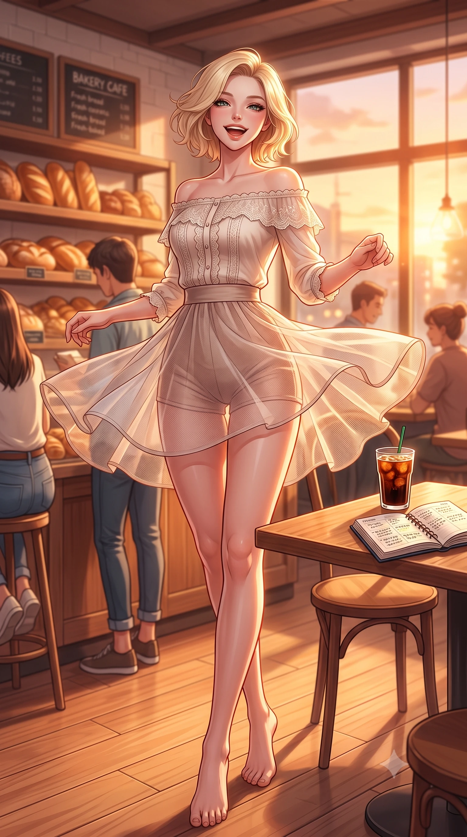 score_9, masterpiece, best quality, ultra-detailed, high-budget anime keyframe, editorial fashion photography, tasteful artistic composition, Caucasian woman. low angle full-body shot from head to toe showing her feet, filling the entire 9:16 vertical frame with her statuesque presence, stretching her vertical silhouette. twirling around with a playful, cute laugh, her skirt billowing beautifully in the air set against a soft-focus background of inside a bustling bakery cafe with display shelves full of fresh bread with a glass of cold brew coffee and an open planner on the wooden table. She has an absolutely perfect, statuesque 8.5-heads proportion, an exceptionally tall and slender model-like female figure with impossibly long slender legs and an ultra-slim waist. sharp v-shaped jawline, high-bridge nose, intricate jewel-like eyes with depth, thick eyelashes, glossy lips with a natural sheen. wearing tailored delicate lace-trim off-shoulder blouse paired with a sheer mesh overlay and form-contouring mini shorts. golden hour sunset rays painting the cozy interior in a warm orange wash. highly saturated vibrant anime colors, detailed shading with soft gradients, rich glossy textures, high-contrast stereoscopic depth, volumetric dynamic lighting, master piece, 9:16 ratio