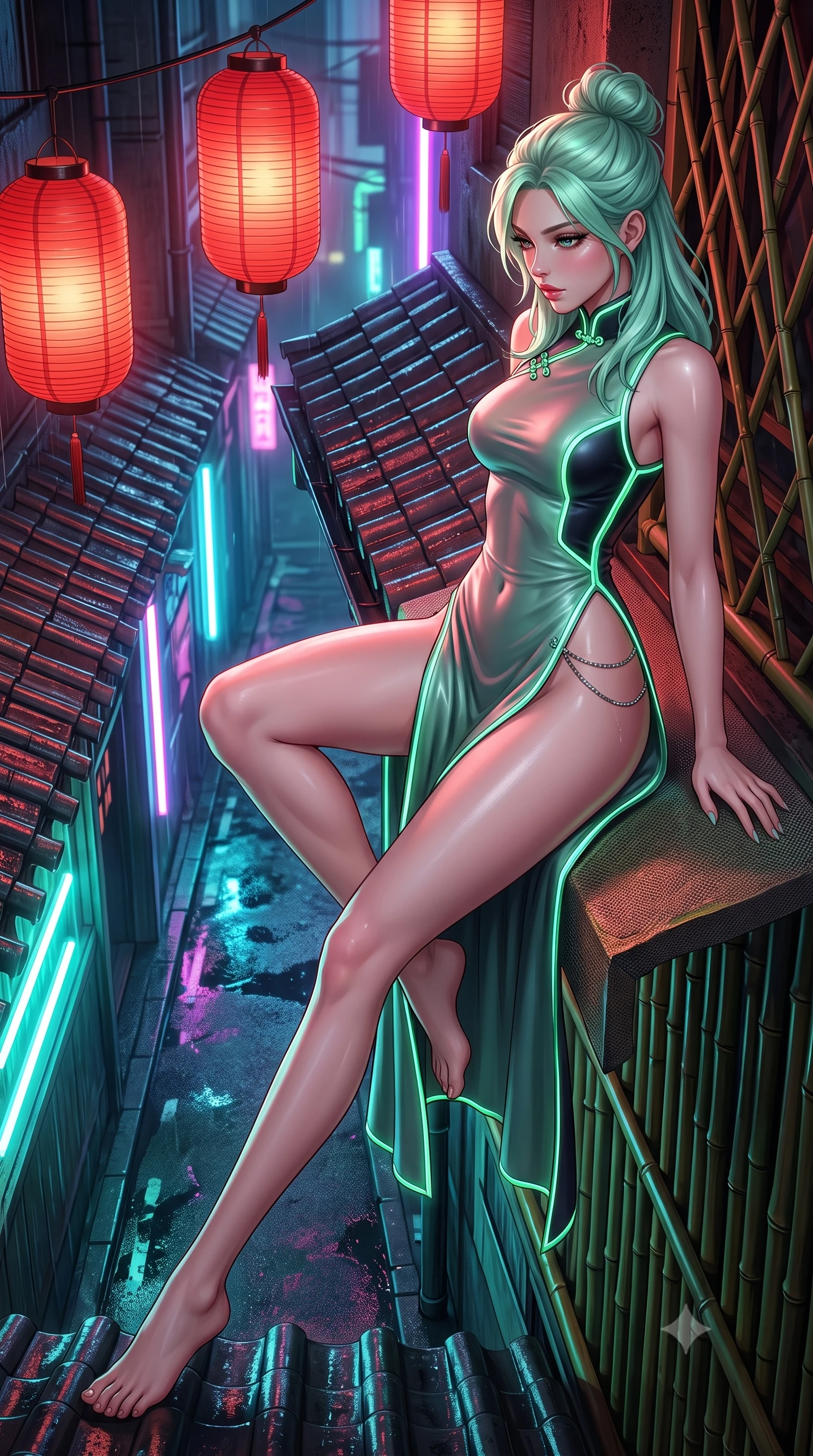 score_9, masterpiece, best quality, ultra-detailed, high-budget anime keyframe, semi-realistic 3D game render, editorial fashion photography, tasteful artistic composition, Japanese woman. low angle full-body shot from head to toe showing her feet, filling the entire 9:16 vertical frame with her statuesque presence, stretching her vertical silhouette. reclining on her side in an elegant Cleopatra pose with one knee drawn up, the dramatic contour of her rounded hips and long slender legs commanding the 9:16 vertical frame while standing poised beneath hanging crimson paper lanterns, twisting her slender torso in an alluring S-curve while looking down at the neon-lit alley below. The surrounding environment is rendered in vivid detail and crisp panoramic clarity. sharp bamboo lattice textures, wet ceramic roof tiles, and glowing neon tube reflections in deep focus. She has an absolutely perfect, statuesque 8.5-heads proportion, an exceptionally tall and slender model-like female figure with impossibly long slender legs, a toned flat midriff, an ultra-slim waist, and beautifully sculpted feminine hips. sharp v-shaped jawline, high-bridge nose, intricate jewel-like eyes with depth, thick eyelashes, glossy parted lips with a natural sheen, intensely captivating and seductive bedroom-eyes expression, flawlessly proportioned anatomical accuracy, strict slender model proportions, natural body alignment, perfectly sculpted long slender limbs, ultra-slim waistline, clean dynamic posture without body distortion. wearing a modernized cyber-qipao mini dress with an ultra-high side slit ascending to the hip and glowing LED piping in neon mint green and dark obsidian, crafted from supple second-skin lambskin leather with liquid drape, complemented by a delicate metallic hip chain catching the neon rain caustics, the precision-cut side openings and low-back scoop framing her graceful spine and the sensual sweep of her hips. illuminated by wet specular asphalt bounce lights sharply sculpting her narrow waist and rounded hips. highly saturated vibrant anime colors, detailed shading with soft gradients, rich glossy textures, high-contrast stereoscopic depth, volumetric dynamic lighting, master piece, 9:16 ratio
