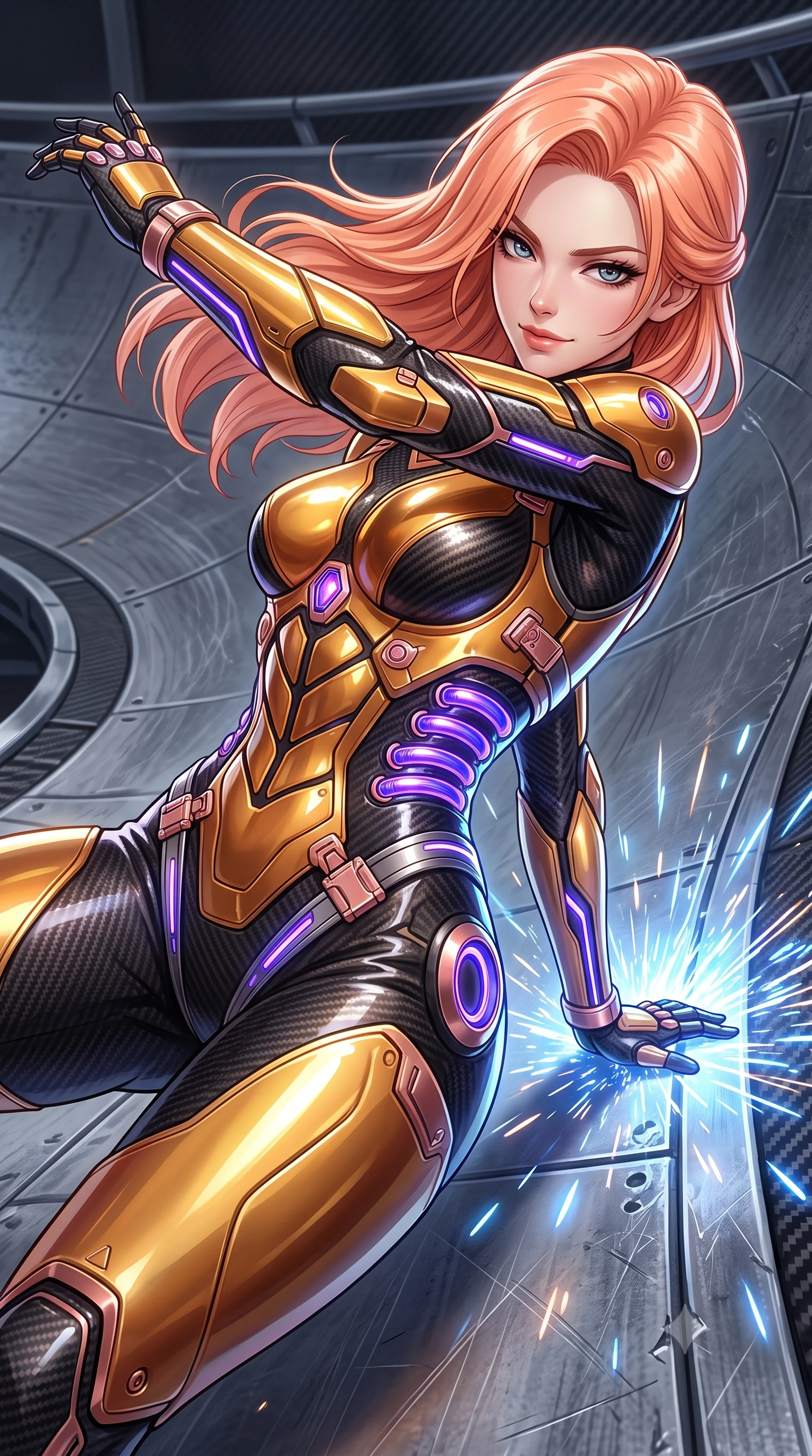 score_9, masterpiece, best quality, ultra-detailed, high-budget anime keyframe, semi-realistic 3D game render, editorial fashion photography, tasteful artistic composition, Japanese woman. close-up cowboy shot from the waist and thighs up, the character dominates the composition, filling the frame with her large presence. resting one hand in a defensive deflective posture while glancing over her shoulder with thick eyelashes and a confident, smoldering combat half-smile while drifting at extreme velocity along the banked metal curve of a Scrapyard Motorball arena, touching one hand to the track as blue sparks fly. The surrounding environment is rendered in vivid detail and crisp panoramic clarity. sharp carbon-fiber armor weave, glowing kinetic knuckle damper coils, and scratched steel track plates in deep focus. She has an exceptionally elegant, slender, and willowy female figure with an ultra-slim waist, a gracefully sculpted slender torso, toned flat midriff, and a refined slim silhouette. sharp v-shaped jawline, high-bridge nose, intricate jewel-like eyes with depth, thick eyelashes, glossy lips with a natural sheen, flawlessly proportioned anatomical accuracy, strict slender model proportions, natural body alignment, perfectly sculpted long slender limbs, ultra-slim waistline, clean dynamic posture without body distortion. wearing a sculpted molten-gold and dark carbon cuirass paired with high-mobility combat leggings and kinetic energy channels in royal purple carbon fiber with rose-gold hardware and clasps, formed from high-gloss patent carbon-plating with specular chiaroscuro reflections, reinforced by a sleek titanium kinetic harness and glowing micro-energy straps, the sleek second-skin cut tightly hugging her graceful clavicle, narrow waist, and feminine curves with athletic precision. illuminated by crisp white key lighting with sharp specular highlights tracing her sculpted athletic curves. rich saturated anime colors with glowing neon highlights, detailed shading with soft gradients, rich glossy textures, high-contrast stereoscopic depth, volumetric dynamic lighting, master piece, 9:16 ratio