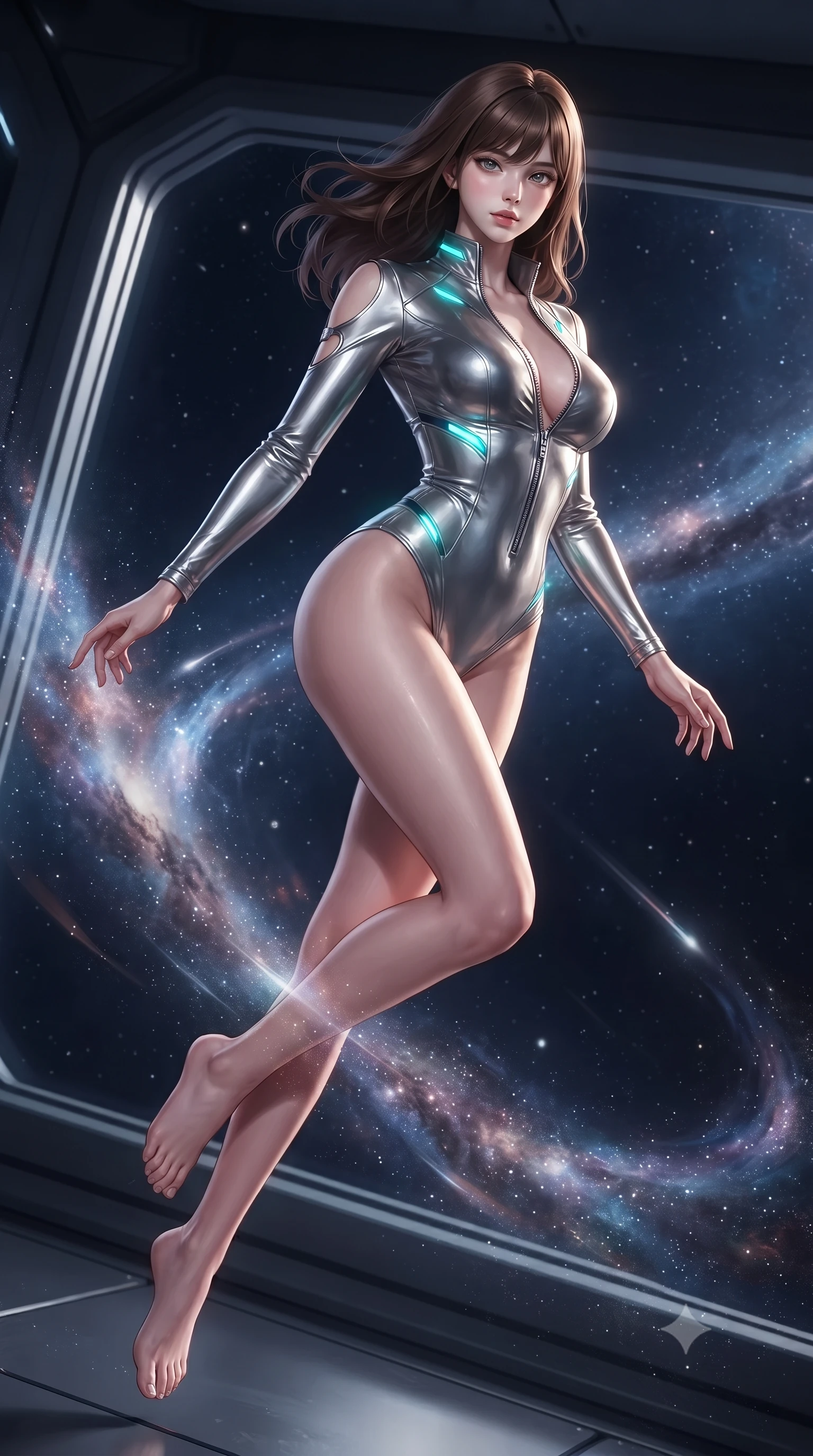 score_9, masterpiece, best quality, ultra-detailed, high-budget anime keyframe, editorial fashion photography, tasteful artistic composition, Korean woman. low angle full-body shot from head to toe showing her feet, filling the entire 9:16 vertical frame with her statuesque presence, stretching her vertical silhouette. pivoting dynamically in mid-motion with a breathtakingly alluring posture, displaying her flawless model proportions and ultra-slim waist while drifting in zero-gravity near a giant panoramic bridge viewport with cosmic stardust swirling around her limbs. The composition keeps background elements in soft focus with creamy bokeh. starlight reflections creating dreamy luminous streaks across a deep space backdrop. She has an absolutely perfect, statuesque 8.5-heads proportion, an exceptionally tall and slender model-like female figure with impossibly long slender legs and an ultra-slim waist. sharp v-shaped jawline, high-bridge nose, intricate jewel-like eyes with depth, thick eyelashes, glossy lips with a natural sheen, flawlessly proportioned anatomical accuracy, natural body alignment, perfectly sculpted elegant limbs, clean dynamic posture without body distortion. wearing a form-fitting top made of molten liquid-mercury fabric that clings to her curves, with strategic tear-drop shoulder cutouts and a dangerously unzipped front collar in liquid mercury silver and glowing electric cyan, formed from high-gloss patent material with specular light reflections, featuring a dangerously unzipped neckline framed by glowing cybernetic accents, the daring cutouts accentuating her delicate midriff, graceful collarbones, and feminine contour. surrounded by a sublime, infinite, and breathtakingly divine cosmic goddess aura. ultra-reflective glossy finish, specular highlights, metallic sheen, high-contrast stereoscopic depth, volumetric dynamic lighting, 2k, ultra detail, master piece, 9:16 ratio