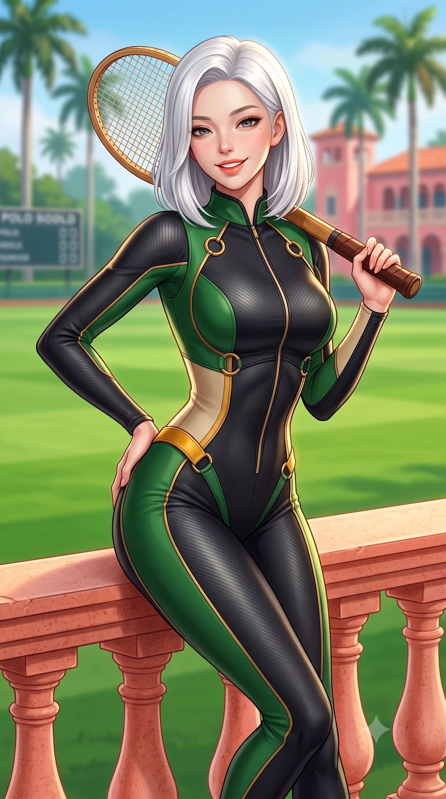 score_9, masterpiece, best quality, ultra-detailed, high-budget anime keyframe, semi-realistic 3D game render, editorial fashion photography, tasteful artistic composition, Korean woman. close-up cowboy shot from the waist and thighs up, the character dominates the composition, filling the frame with her large presence. resting both hands lightly behind her back while leaning toward the lens with a cheerful, teasing grin, her form-fitting athletic suit hugging her narrow waist and hip curve while sitting perched on the coral stone balustrade of the polo pavilion, arching her back with a radiant sun-kissed smile overlooking green polo fields. The background shows a soft-focus soaring Royal Palms, polo field scoreboards, and Mediterranean revival terracotta clubhouses blurred into coral pink, emerald, and sky-blue bokeh. She has an exceptionally elegant, slender, and willowy female figure with an ultra-slim waist, flat toned midriff, narrow ribcage, and sculpted feminine hips creating an alluring, slim hourglass silhouette without bulk. sharp v-shaped jawline, high-bridge nose, sparkling eyes with athletic focus and depth, thick curled eyelashes, glossy parted lips with a natural coral-peach sheen, bright confident and coquettish smile with alluring bedroom-eyes, exuding both youthful sporty vigor and sovereign high-society glamour, flawlessly proportioned anatomical accuracy, strict slender model proportions, natural body alignment, perfectly sculpted long slender limbs, ultra-slim waistline, clean dynamic posture without body distortion. wearing a high-performance speeder racing suit in matte black and Wimbledon green with gold hardware rings in warm oatmeal beige and deep Ferrari yellow, tailored from lightweight aerodynamic carbon-fiber composite with structured weave, featuring a vintage wooden tennis racket held casually over one shoulder, the form-fitting tailored bodice adhering flawlessly to her sculpted flat midriff and slender torso, emphasizing her long leg lines and perfectly proportioned willowy build. illuminated by green lawn bounce fill and sharp warm-gold rim lights defining her sculpted collarbones, ultra-slim waist, and curvy hips. highly saturated vibrant anime colors, detailed shading with soft gradients, rich glossy textures, high-contrast stereoscopic depth, volumetric dynamic lighting, master piece, 9:16 ratio