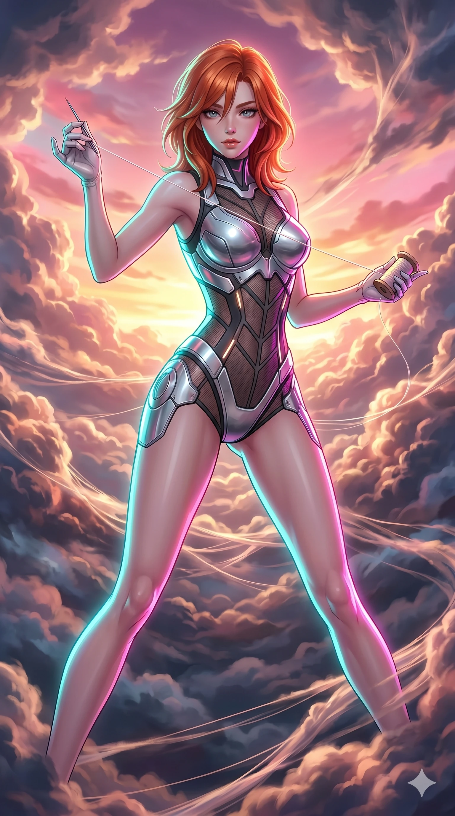 score_9, masterpiece, best quality, ultra-detailed, high-budget anime keyframe, Japanese woman. upper body close-up from the thighs up, character filling the screen for maximum presence. threading through a volumetric cloud weave where storm clouds are spun like silk thread under a dramatic sunset glow. She has an absolutely perfect 8-heads proportion, an exceptionally tall and slender female figure with impossibly long slender legs and an ultra-slim waist. V-shaped jawline, high-bridge nose, intricate jewel-like eyes with depth, thick eyelashes, glossy lips with a natural sheen.. wearing a bionic chrome plate bodysuit, featuring silver chrome plates covering the bust and hips, connected by semi-opaque geometric mesh panels. bathed in brilliant cinematic volumetric lighting and intense neon rim light highlighting her slender form. 2k, ultra detail, master piece, 9:16 ratio