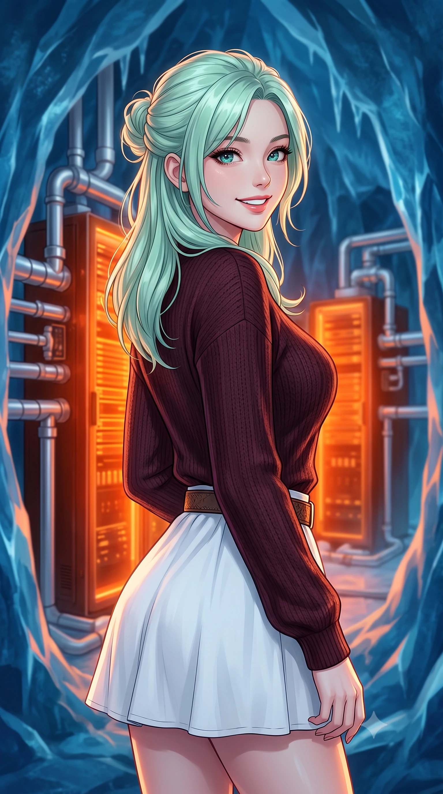 score_9, masterpiece, best quality, ultra-detailed, high-budget anime keyframe, editorial fashion photography, tasteful artistic composition, Japanese woman. close-up cowboy shot from the waist and thighs up, the character dominates the composition, filling the frame with her large presence, background elements kept in soft focus. Looking over her shoulder with a bright, welcoming smile and happy eyes. set against a soft-focus background of inside a cavern made of deep blue glacial ice housing glowing orange computer servers cooled by complex silver piping systems. She has an exceptionally elegant, slender, and willowy female figure with a highly-defined ultra-slim waist, a gracefully sculpted slender torso, and a refined slim-fit silhouette that contours her form. sharp v-shaped jawline, high-bridge nose, intricate jewel-like eyes with depth, thick eyelashes, glossy lips with a natural sheen. wearing a form-fitting dark burgundy knit sweater with a relaxed fit, paired with a white cotton poplin skirt and a leather belt. intense orange glow from the servers reflecting off the icy blue walls, creating a dramatic warm-and-cold contrast. 2k, ultra detail, master piece, 9:16 ratio