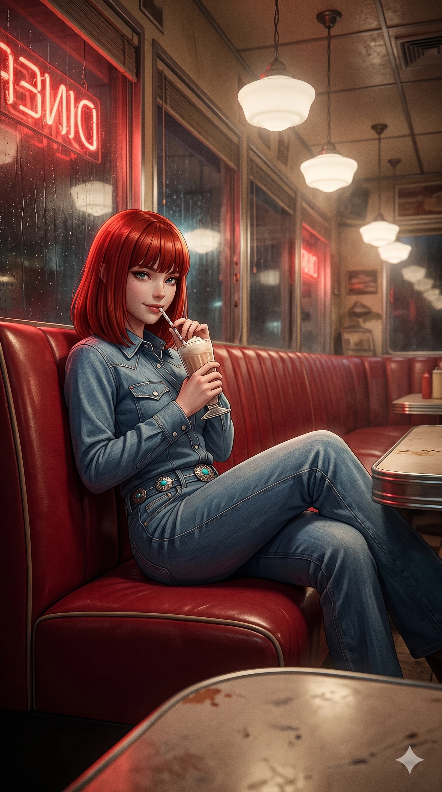 score_9, masterpiece, best quality, ultra-detailed, high-budget anime keyframe, semi-realistic 3D game render, editorial fashion photography, tasteful artistic composition, Caucasian woman. low angle full-body shot from head to toe showing her feet, filling the entire 9:16 vertical frame with her statuesque presence, stretching her vertical silhouette. reclining on her side in an elegant Cleopatra pose with one knee drawn up, the dramatic contour of her rounded hips and long slender legs commanding the 9:16 vertical frame while lounging in a cherry-red tufted vinyl booth propped on one elbow with legs crossed, sipping through a striped milkshake straw with teasing bedroom-eyes. The background shows a soft-focus nostalgic late-night desert diner atmosphere softened in retro diner shallow focus. She has an absolutely perfect, statuesque 8.5-heads proportion, an exceptionally tall and slender model-like female figure with impossibly long slender legs, an ultra-slim waist, a flat toned midriff, narrow delicate ribcage, and beautifully sculpted feminine hips creating a graceful, slim hourglass silhouette without any bulky heaviness. sharp v-shaped jawline, high-bridge nose, sparkling eyes with hypnotic seductive depth, thick curled eyelashes, glossy parted lips with a natural dewy peach sheen, alluring bedroom-eyes with an enchanting coquettish smile, exuding magnetic siren charisma and sophisticated glamour, flawlessly proportioned anatomical accuracy, strict slender model proportions, natural body alignment, perfectly sculpted long slender limbs, ultra-slim waistline, clean dynamic posture without body distortion. wearing a bespoke tailored denim jumpsuit with structured collar and polished western pearl snap buttons in matte desert tan and polished chrome accents, woven from bespoke sun-bleached selvedge denim with rich tactile slub texture, accented with authentic engraved silver concho medallions and turquoise cabochons, the bespoke structured tailoring following the natural line of her 8.5-heads silhouette with refined elegance. bathed in the warm, inviting glow of hanging milk-glass pendant lamps mixed with moody red neon filtering through the rain-streaked windows. highly saturated vibrant anime colors, detailed shading with soft gradients, rich glossy textures, high-contrast stereoscopic depth, volumetric dynamic lighting, master piece, 9:16 ratio