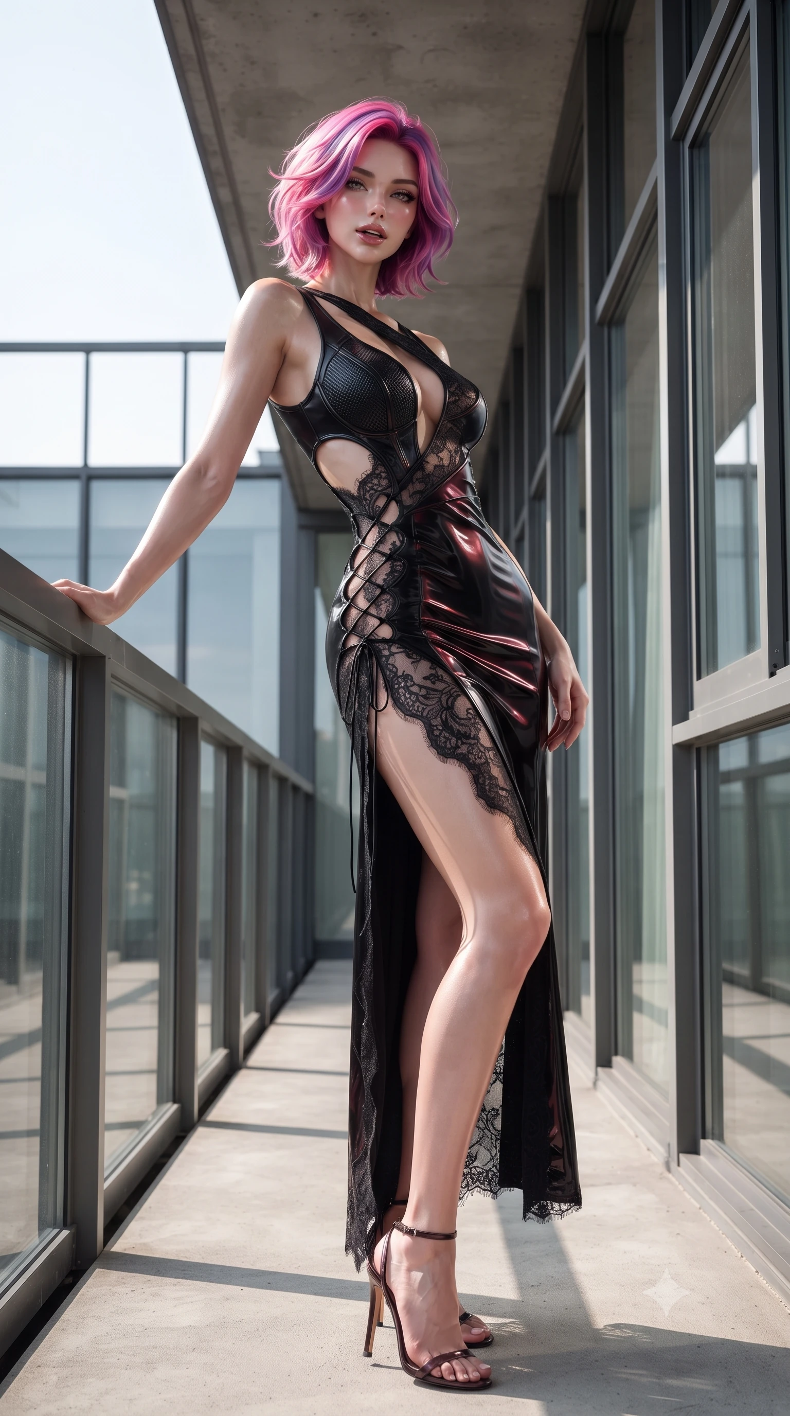 score_9, masterpiece, best quality, ultra-detailed, high-budget anime keyframe, editorial fashion photography, tasteful artistic composition, Caucasian woman. low angle full-body shot from head to toe showing her feet, filling the entire 9:16 vertical frame with her statuesque presence, stretching her vertical silhouette. leaning deep against the balcony balustrade with hips cocked back in an unapologetically alluring high-fashion stance, casting an intoxicating glance while standing on the cantilevered concrete balcony framed by the iconic steel-and-glass curtain wall, arching her back with high-fashion poise. The surrounding environment is rendered in vivid detail and crisp panoramic clarity: detailed asymmetrical cutout bodice texture, dewy skin highlights, and Walter Gropius architecture in razor-sharp precision. She has an absolutely perfect, statuesque 8.5-heads proportion, an exceptionally tall and slender model-like female figure with impossibly long slender legs, an ultra-slim waist, a flat toned midriff, narrow delicate ribcage, and beautifully sculpted feminine hips creating a graceful, slim hourglass silhouette without any bulky heaviness. sharp v-shaped jawline, high-bridge nose, sparkling eyes with hypnotic seductive depth, thick curled eyelashes, glossy parted lips with a natural dewy peach sheen, alluring bedroom-eyes with an enchanting coquettish smile, exuding magnetic siren charisma and sophisticated glamour, flawlessly proportioned anatomical accuracy, strict slender model proportions, natural body alignment, perfectly sculpted long slender limbs, ultra-slim waistline, clean dynamic posture without body distortion. wearing a sculptural liquid jersey column dress with a dramatic hip-high side slit and asymmetrical cutout waist darts in wet-look onyx black with crimson specular reflections, made of delicate semi-sheer French Chantilly lace with intricate eyelash edges, finished with fine criss-cross lace-up side ties revealing tantalizing glimpses of her hip curve, the high-slit wrap tailoring accentuating her ultra-slim waistline and the enchanting curve of her feminine hips with alluring seductive charm. bathed in brilliant morning sunlight streaming through the floor-to-ceiling glass curtain wall. ultra-reflective glossy finish, specular highlights, rich textural contrasts, high-contrast stereoscopic depth, volumetric dynamic lighting, 2k, ultra detail, master piece, 9:16 ratio