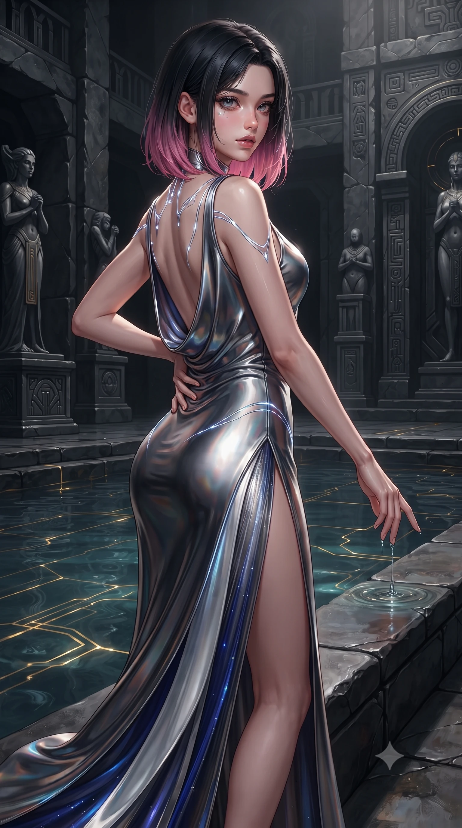 score_9, masterpiece, best quality, ultra-detailed, high-budget anime keyframe, editorial fashion photography, tasteful artistic composition, Korean woman. close-up cowboy shot from the waist and thighs up, the character dominates the composition, filling the frame with her large presence. twisting her upper body in a dynamic S-curve with commanding allure, one hand resting on her slender waist with haughty grace while stepping along the pool edge with an ethereal, captivating gaze as golden circuit lines pulse beneath the liquid metal. The surrounding environment is rendered in vivid detail and crisp panoramic clarity. deep environmental chiaroscuro and sacred technological sanctuary architecture rendered with precision. She has an exceptionally elegant, slender, and willowy female figure with an ultra-slim waist, a gracefully sculpted slender torso, toned flat midriff, and a refined slim silhouette. sharp v-shaped jawline, high-bridge nose, intricate jewel-like eyes with depth, thick eyelashes, glossy lips with a natural sheen, flawlessly proportioned anatomical accuracy, strict slender model proportions, natural body alignment, perfectly sculpted long slender limbs, ultra-slim waistline, clean dynamic posture without body distortion. wearing a precision-fitted liquid jersey bodycon gown in radiant chrome and white, featuring an open cowl back and high side slit in liquid platinum silver and deep sapphire blue LED filaments, crafted from delicate iridescent organza interwoven with luminescent micro-fibers, accented with glowing fiber-optic seams tracing her collarbones and hip curves, the glove-like aerodynamic second-skin fit tightly clinging to her ultra-slender waist and athletic curves without adding bulk, accentuating her razor-sharp statuesque lines and slim hourglass silhouette. surrounded by an opulent, mystical, and sacredly sensual android goddess ambiance. ultra-reflective glossy finish, specular highlights, dark metallic sheen, high-contrast stereoscopic depth, volumetric dynamic lighting, 2k, ultra detail, master piece, 9:16 ratio