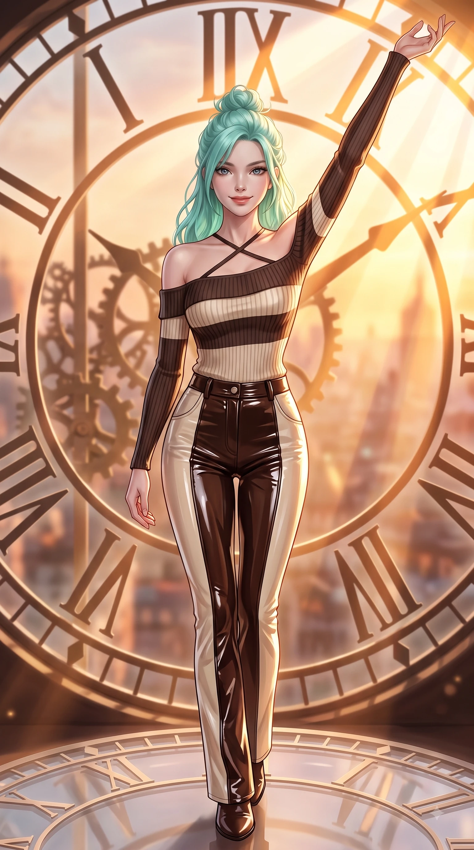 score_9, masterpiece, best quality, ultra-detailed, high-budget anime keyframe, editorial fashion photography, tasteful artistic composition, Japanese woman. close-up cowboy shot from the waist and thighs up, the character dominates the composition, filling the frame with her large presence, background elements kept in soft focus. Extending one arm in an elegant stretch toward the light while smiling with magnetic self-assurance while standing atop a giant translucent Roman numeral clock dial in a high tower at dusk, dramatic twilight amber light streaming through the giant clock window in bold beams. She has an exceptionally elegant, slender, and willowy female figure with an ultra-slim waist, a gracefully sculpted slender torso, and a refined silhouette. sharp v-shaped jawline, high-bridge nose, intricate jewel-like eyes with depth, thick eyelashes, glossy lips with a natural sheen, flawlessly proportioned anatomical accuracy, natural body alignment, perfectly sculpted elegant limbs, clean dynamic posture without body distortion. wearing a sleek off-shoulder ribbed knit top paired with high-waist tailored pants in espresso brown and warm cream, tailored from high-gloss patent leather, complemented by criss-cross back straps highlighting her bare shoulders, the elegant draped fit framing her graceful clavicle and slender torso. illuminated by a brilliant golden hour glow filtering through clockwork dials. ultra-reflective glossy finish, specular highlights, metallic sheen, high-contrast stereoscopic depth, volumetric dynamic lighting, 2k, ultra detail, master piece, 9:16 ratio
