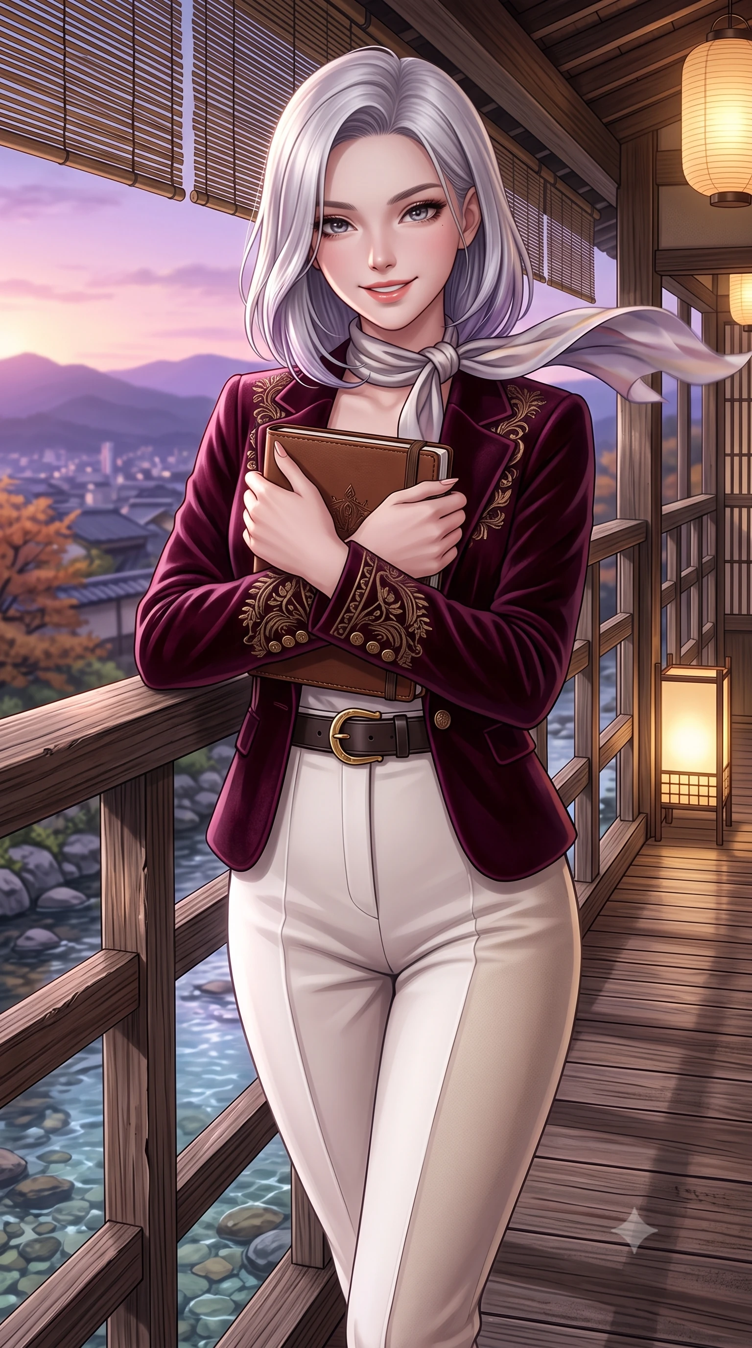 score_9, masterpiece, best quality, ultra-detailed, high-budget anime keyframe, semi-realistic 3D game render, editorial fashion photography, tasteful artistic composition, Caucasian woman. close-up cowboy shot from the waist and thighs up, the character dominates the composition, filling the frame with her large presence. holding a leather notebook close to her chest with both arms, smiling delightfully with youthful scholarly grace while leaning gently against the cedar lattice railing of the historic machiya balcony, one hand holding her scarf against the crisp evening breeze. The surrounding environment is rendered in vivid detail and crisp panoramic clarity: sharp weather-beaten cedar wood decking textures, river stones in clear shallow water, and bamboo lattice blinds in deep focus. She has an exceptionally elegant, slender, and willowy female figure with an ultra-slim waist, flat toned midriff, narrow ribcage, and sculpted feminine hips creating an alluring, slim hourglass silhouette without bulk. sharp v-shaped jawline, high-bridge nose, intricate jewel-like sparkling eyes with depth, thick eyelashes, glossy parted lips with a natural peach sheen, bright cheerful beaming smile with an enchanting and coquettish sensual glint, exuding both youthful cute charm and seductive allure, flawlessly proportioned anatomical accuracy, strict slender model proportions, natural body alignment, perfectly sculpted long slender limbs, ultra-slim waistline, clean dynamic posture without body distortion. wearing a retro Art Deco embroidered wool blazer with velvet lapels paired with high-waisted pressed trousers in Swiss alpine snow white and oat cashmere, crafted from rich cotton velvet with deep light-absorbing pile and soft gradients, finished with a smooth equestrian bridle-leather belt with a polished brass horseshoe buckle, the structured cinched belt emphasizing her narrow waistline and gracefully balanced proportions with timeless haute-couture polish. bathed in the soft purple-gold twilight glow of autumn sunset over the Higashiyama mountains mixed with warm paper lantern lights. highly saturated vibrant anime colors, detailed shading with soft gradients, rich glossy textures, high-contrast stereoscopic depth, volumetric dynamic lighting, master piece, 9:16 ratio