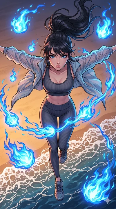 score_9, masterpiece, best quality, ultra-detailed, high-budget anime movie keyframe, cinematic anime lighting, intricate line art, Caucasian (strictly human ears) woman. Extreme high angle shot as she leaps towards the camera, filling the frame. per