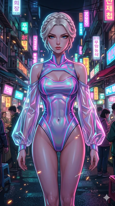 score_9, masterpiece, best quality, ultra-detailed, Set A: High-budget Anime Keyframe, Japanese woman. Upper body close-up from the thighs up, character filling the screen for maximum presence. Walking gracefully through a neon-lit Neo-Seoul market, 