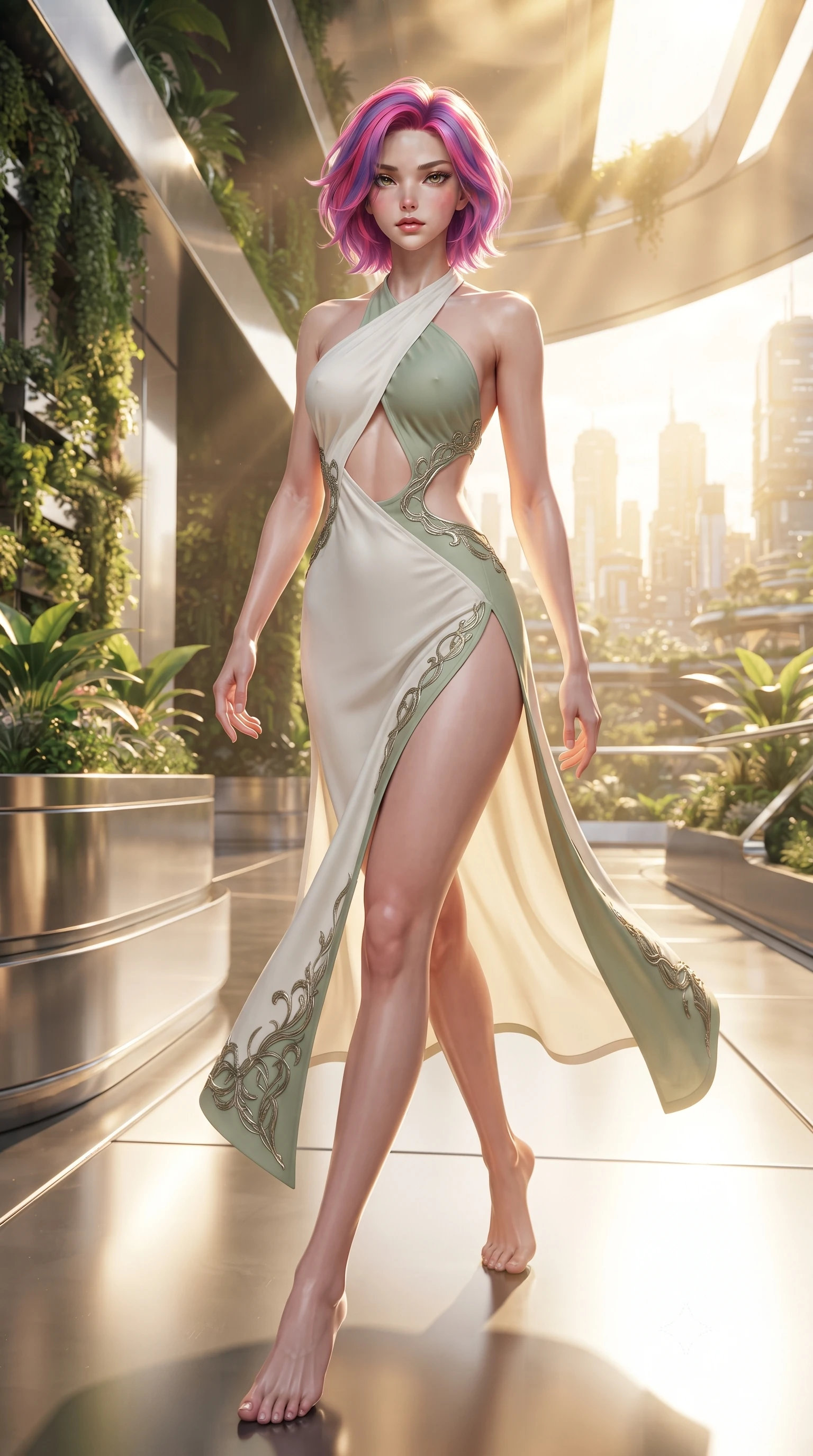 score_9, masterpiece, best quality, ultra-detailed, high-budget anime keyframe, editorial fashion photography, tasteful artistic composition, Caucasian woman. low angle full-body shot from head to toe showing her feet, filling the entire 9:16 vertical frame with her statuesque presence, stretching her vertical silhouette. striding forward in a proud, dynamic supermodel runway stride, hips swaying in an alluring kinetic rhythm that stretches her silhouette while reclining on the sunlit terrace with legs crossed, basking in warm golden sunbeams that illuminate her toned midriff. The surrounding environment is rendered in vivid detail and crisp panoramic clarity. bright sunlit solarpunk chiaroscuro and cutting-edge eco-sanctuary aesthetics in high clarity. She has an absolutely perfect, statuesque 8.5-heads proportion, an exceptionally tall and slender model-like female figure with impossibly long slender legs, a toned flat midriff, and an ultra-slim waist. sharp v-shaped jawline, high-bridge nose, intricate jewel-like eyes with depth, thick eyelashes, glossy parted lips with a natural sheen, intensely captivating and seductive expression, flawlessly proportioned anatomical accuracy, strict slender model proportions, natural body alignment, perfectly sculpted long slender limbs, ultra-slim waistline, clean dynamic posture without body distortion. wearing a sun-drenched halter wrap dress with a daring open back and breezy high side slit in pure alabaster white and fresh sage green, made of liquid bamboo jersey adhering seamlessly to her slender frame, finished with organic vine-inspired metallic embroidery along the hem, the precision-cut architectural openings accentuating her delicate midriff, graceful bare collarbones, and feminine curves with statuesque precision. surrounded by an optimistic, radiant, and breathlessly beautiful eco-utopian goddess aura. ultra-reflective glossy finish, specular highlights, rich textural contrasts, high-contrast stereoscopic depth, volumetric dynamic lighting, 2k, ultra detail, master piece, 9:16 ratio