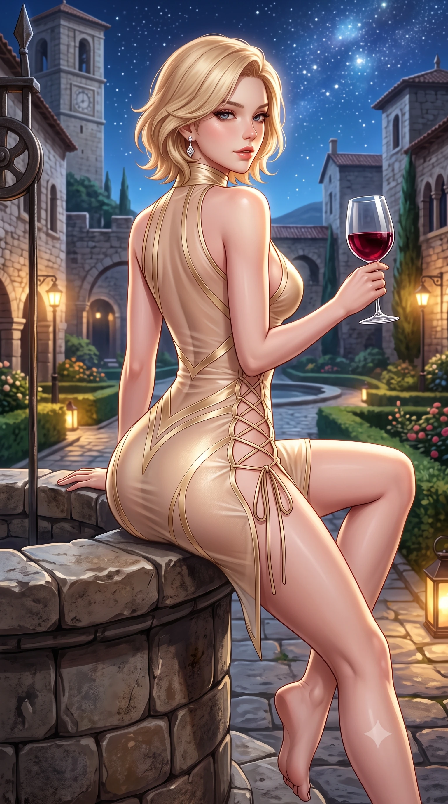 score_9, masterpiece, best quality, ultra-detailed, high-budget anime keyframe, semi-realistic 3D game render, editorial fashion photography, tasteful artistic composition, Caucasian woman. close-up cowboy shot from the waist and thighs up, the character dominates the composition, filling the frame with her large presence. posing in an alluring rear three-quarter angle, looking over a bare shoulder with parted glossy lips, her hips cocked back to highlight her slim hourglass curve while sitting poised on the ancient stone well-head with legs crossed, holding a crystal wine glass with effortless royal cool. The surrounding environment is rendered in vivid detail and crisp panoramic clarity: detailed backless halterneck column gown drape, diamond earrings sparkle, and UNESCO heritage architecture in high resolution. She has an exceptionally elegant, slender, and willowy female figure with an ultra-slim waist, flat toned midriff, narrow ribcage, and sculpted feminine hips creating an alluring, slim hourglass silhouette without bulk. sharp v-shaped jawline, high-bridge nose, sparkling eyes with hypnotic seductive depth, thick curled eyelashes, glossy parted lips with a natural dewy peach sheen, alluring bedroom-eyes with an enchanting coquettish smile, exuding magnetic siren charisma and sophisticated glamour, flawlessly proportioned anatomical accuracy, strict slender model proportions, natural body alignment, perfectly sculpted long slender limbs, ultra-slim waistline, clean dynamic posture without body distortion. wearing a provocative high-neck sheer illusion cocktail dress with liquid satin ribbons contouring her curves in pure alabaster with golden sheen, made of semi-opaque stretch illusion mesh with soft shadowy contours, featuring fine criss-cross lace-up side ties revealing tantalizing glimpses of her hip curve, the form-contouring silhouette accentuating her sculpted flat midriff, narrow delicate ribcage, and gracefully curvy hips with intoxicating allure. bathed in warm 2800K garden walkway lantern light combined with brilliant celestial starlight. highly saturated vibrant anime colors, detailed shading with soft gradients, rich glossy textures, high-contrast stereoscopic depth, volumetric dynamic lighting, master piece, 9:16 ratio