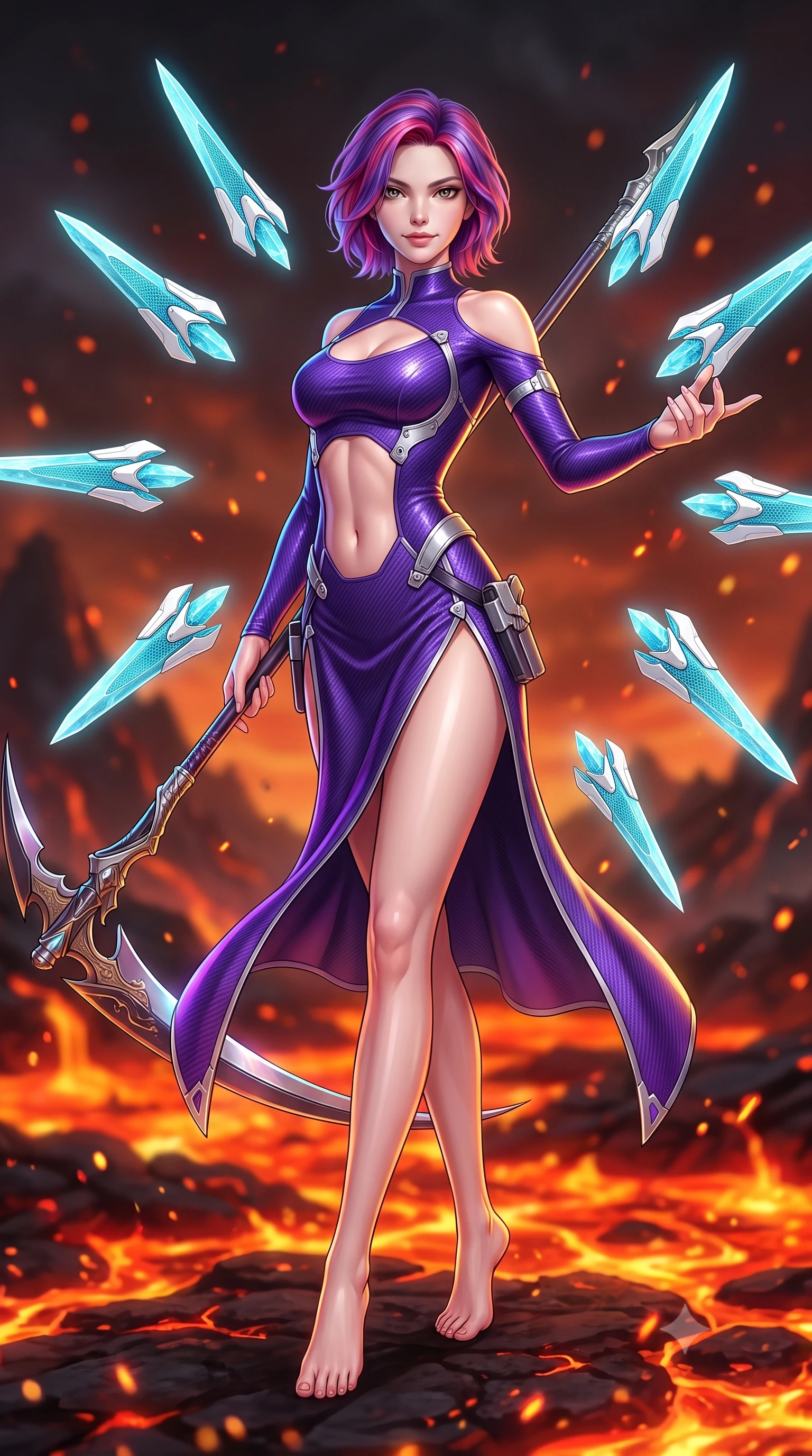 score_9, masterpiece, best quality, ultra-detailed, high-budget anime keyframe, semi-realistic 3D game render, editorial fashion photography, tasteful artistic composition, Caucasian woman. low angle full-body shot from head to toe showing her feet, filling the entire 9:16 vertical frame with her statuesque presence, stretching her vertical silhouette. arching her spine in a fluid zero-gravity combat turn with sovereign grace, her long slender legs and sculpted torso creating a sweeping line of power while resting the long scythe haft against her shoulder with an alluring, dangerous smile looking directly into the camera. The composition keeps background elements in soft focus with creamy bokeh. bubbling molten lava rivers and drifting volcanic embers blurred into fiery orange, crimson, and charcoal bokeh. She has an absolutely perfect, statuesque 8.5-heads proportion, an exceptionally tall and slender model-like female figure with impossibly long slender legs, a toned flat midriff, and an ultra-slim waist. sharp v-shaped jawline, high-bridge nose, intricate jewel-like eyes with depth, thick eyelashes, glossy lips with a natural sheen, flawlessly proportioned anatomical accuracy, strict slender model proportions, natural body alignment, perfectly sculpted long slender limbs, ultra-slim waistline, clean dynamic posture without body distortion. wearing a precision-fitted royal purple carbon-fiber battle-dress with high-slit tactical skirt and silver accents, directing eight floating nano-crystal funnel blades with sovereign gestures in glacial ice-cyan carbon mesh with pure white armor plates, made of liquid carbon-jersey fabric adhering flawlessly to her sculpted silhouette, detailed with magnetic weapon holsters and polished chrome connection clasps, the precision-cut daring openings accentuating her delicate midriff, graceful bare collarbones, and ultra-slim feminine waistline. surrounded by a fierce, elemental, and irresistibly powerful cyber-valkyrie of fire atmosphere. rich saturated anime colors with glowing neon highlights, detailed shading with soft gradients, rich glossy textures, high-contrast stereoscopic depth, volumetric dynamic lighting, master piece, 9:16 ratio