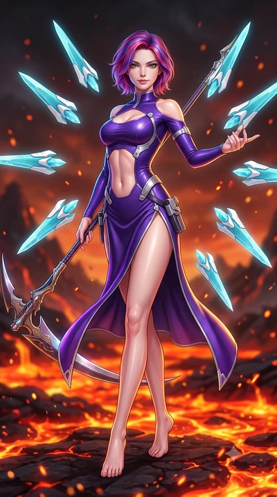 score_9, masterpiece, best quality, ultra-detailed, high-budget anime keyframe, semi-realistic 3D game render, editorial fashion photography, tasteful artistic composition, Caucasian woman. low angle full-body shot from head to toe showing her feet, 