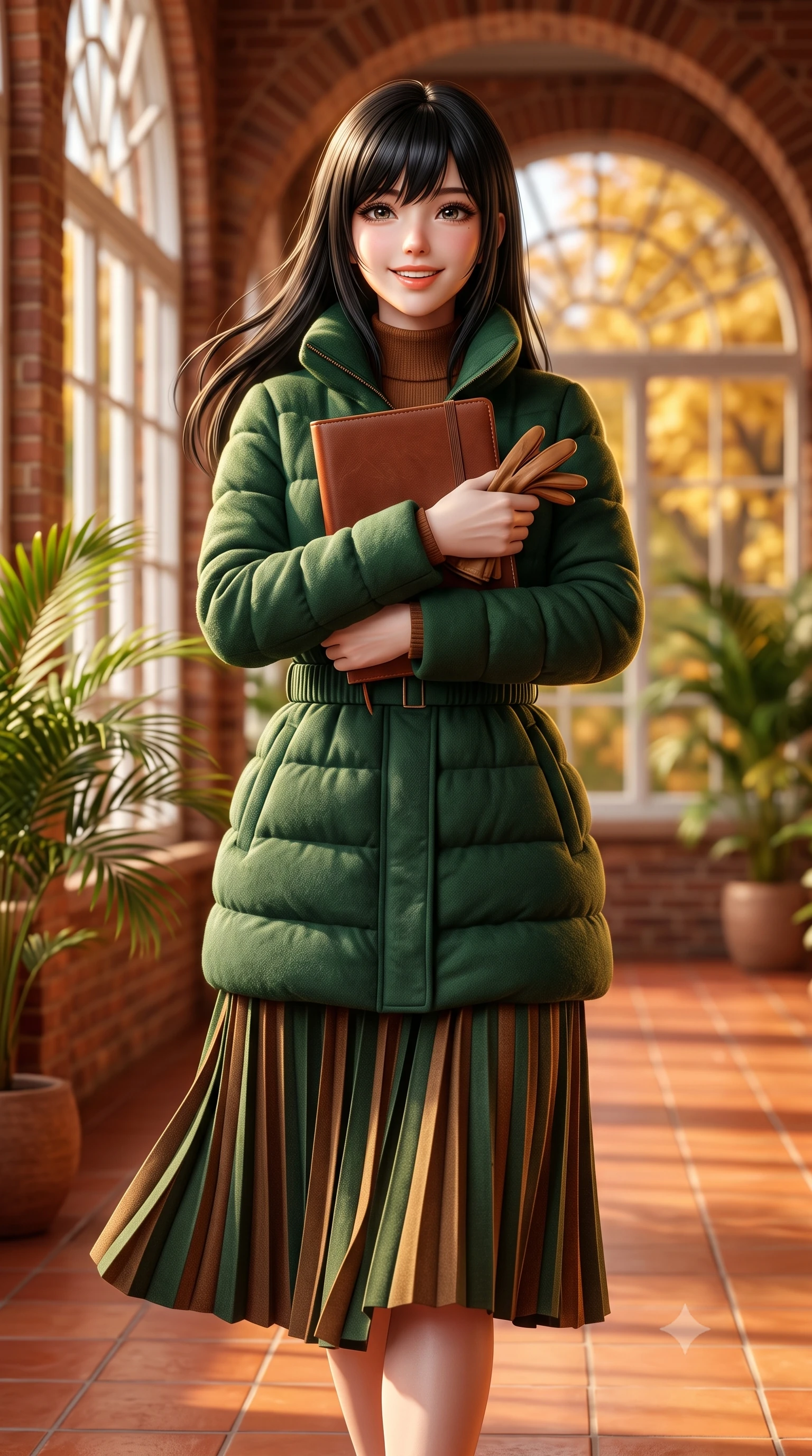 score_9, masterpiece, best quality, ultra-detailed, high-budget anime keyframe, semi-realistic 3D game render, editorial fashion photography, tasteful artistic composition, Caucasian woman. close-up cowboy shot from the waist and thighs up, the character dominates the composition, filling the frame with her large presence. holding a leather notebook close to her chest with both arms, smiling delightfully with youthful scholarly grace while walking along the sunny brick arched gallery, her wool pleated skirt swaying in graceful cadence with each step. The background shows a soft-focus arched multi-pane conservatory windows, lush potted palm fronds, and golden maple trees outside blurred into honey, terracotta, and olive bokeh. She has an exceptionally elegant, slender, and willowy female figure with an ultra-slim waist, flat toned midriff, narrow ribcage, and sculpted feminine hips creating an alluring, slim hourglass silhouette without bulk. sharp v-shaped jawline, high-bridge nose, intricate jewel-like sparkling eyes with depth, thick eyelashes, glossy parted lips with a natural peach sheen, bright cheerful beaming smile with an enchanting and coquettish sensual glint, exuding both youthful cute charm and seductive allure, flawlessly proportioned anatomical accuracy, strict slender model proportions, natural body alignment, perfectly sculpted long slender limbs, ultra-slim waistline, clean dynamic posture without body distortion. wearing a tailored quilted down coat with a cinched elastic belt and high funnel neck over thermal knit layers in heritage British racing green and warm cognac brown, crafted from ultra-soft Mongolian cashmere with exquisite insulating warmth and tactile softness, complemented by buttery leather gloves held delicately in one manicured hand, the structured cinched belt emphasizing her narrow waistline and gracefully balanced proportions with timeless haute-couture polish. illuminated by terracotta floor reflection fill and warm golden rim lights defining her delicate collar and willowy silhouette. highly saturated vibrant anime colors, detailed shading with soft gradients, rich glossy textures, high-contrast stereoscopic depth, volumetric dynamic lighting, master piece, 9:16 ratio