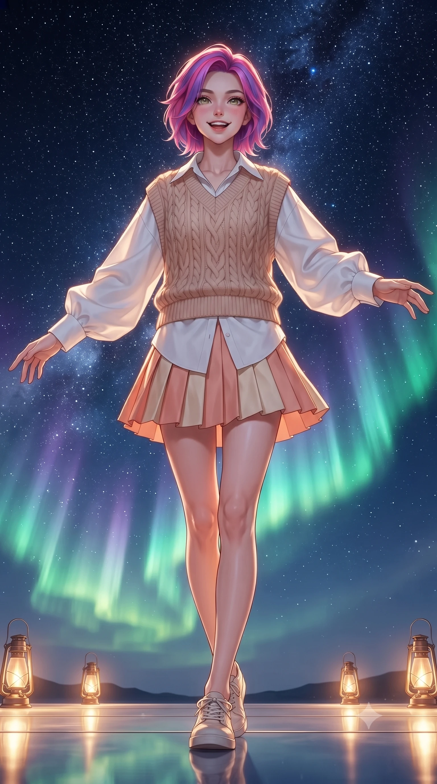 score_9, masterpiece, best quality, ultra-detailed, high-budget anime keyframe, editorial fashion photography, tasteful artistic composition, Caucasian woman. low angle full-body shot from head to toe showing her feet, filling the entire 9:16 vertical frame with her statuesque presence, stretching her vertical silhouette. walking forward in a cheerful, dynamic stride with a radiant beaming smile, her statuesque silhouette filling the frame while standing poised against a majestic starlit night sky with arms gently outstretched in peaceful wonder. The surrounding environment is rendered in vivid detail and crisp panoramic clarity. transcendent nocturnal chiaroscuro and vast cosmic wilderness beauty captured with celestial sharpness. She has an absolutely perfect, statuesque 8.5-heads proportion, an exceptionally tall and slender model-like female figure with impossibly long slender legs, a toned flat midriff, and an ultra-slim waist. sharp v-shaped jawline, high-bridge nose, intricate jewel-like eyes with depth, thick eyelashes, glossy lips with a natural sheen, pure and lovely fresh girlhood expression, flawlessly proportioned anatomical accuracy, strict slender model proportions, natural body alignment, perfectly sculpted long slender limbs, ultra-slim waistline, clean dynamic posture without body distortion. wearing a cozy cable-knit sweater vest layered over an oversized crisp white shirt and a pleated tennis skirt in warm peach blossom pink and champagne ivory, knitted from ultra-soft cozy baby-cashmere yarn, featuring elegant flutter sleeves and a graceful open collar, the relaxed yet flattering fit accentuating her naturally graceful and slender figure, highlighting her youthful charm and lovely silhouette. bathed in dancing emerald and violet aurora glow combined with warm golden brass lantern uplights. ultra-reflective glossy finish, specular highlights, rich natural textures, high-contrast stereoscopic depth, volumetric dynamic lighting, 2k, ultra detail, master piece, 9:16 ratio